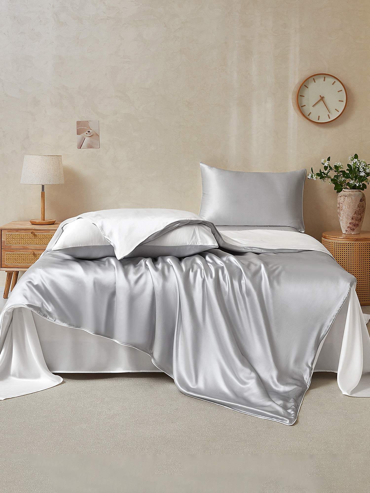 22Momme 4tlg Set Seide Bettbezug+Wohnung Blatt+2x Kissenbezug - Image 75