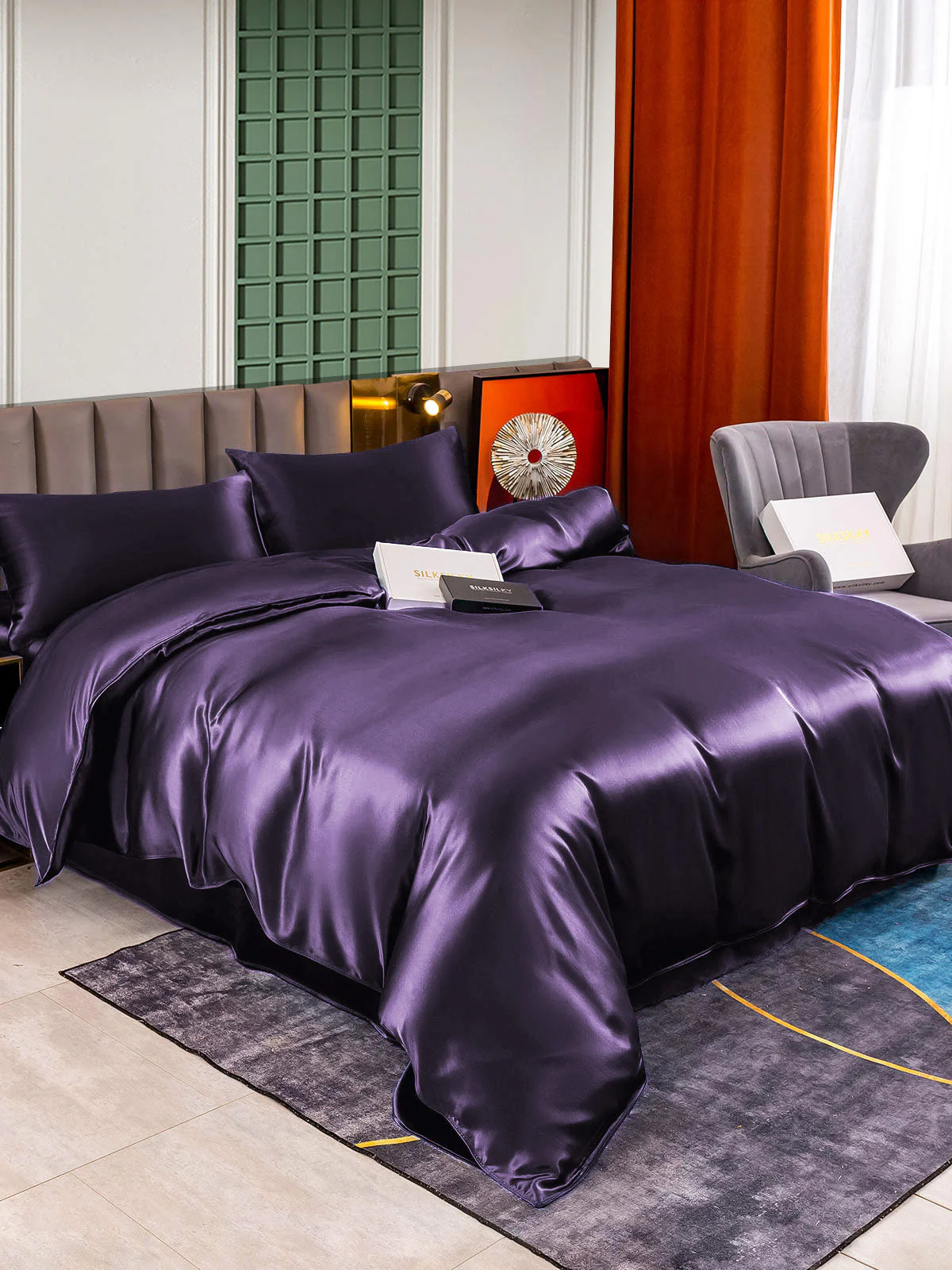 22Momme 4tlg Set Seide Bettbezug+Wohnung Blatt+2x Kissenbezug - Image 92