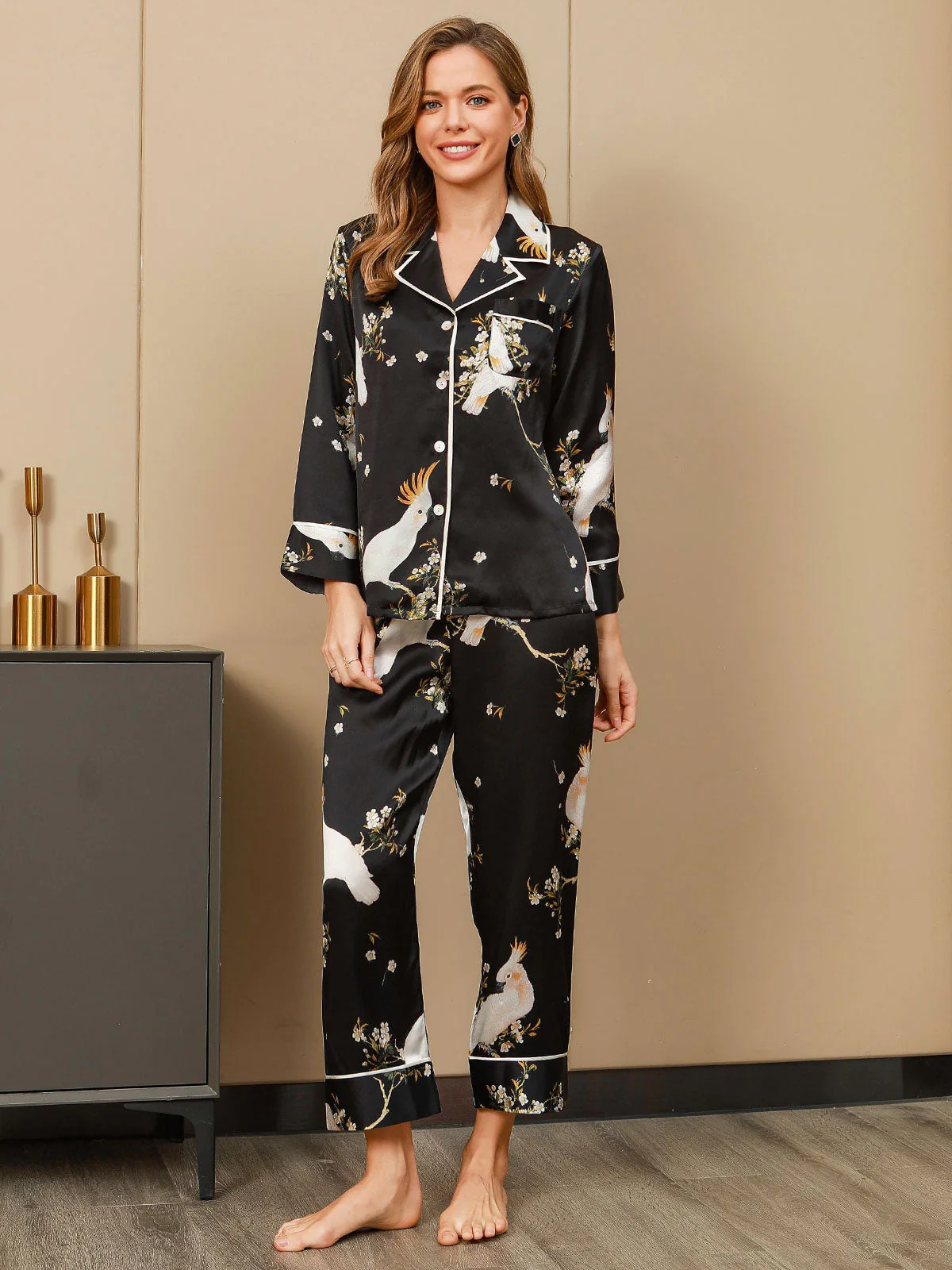 Damen Pyjama Set Aus Reiner Seide Mit Blumenmuster Und Langarm Mit Hose - Image 11