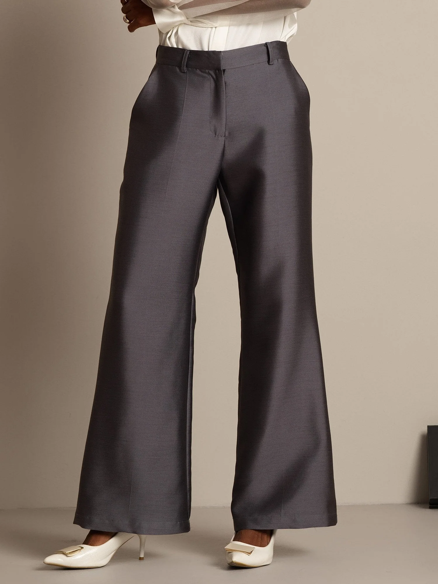 Clearance - 32Momme Seiden-Woll-Mischung Hohe Taille Mikro-Horn Weite Beinform Damenhose mit Seitentaschen Design - Image 14