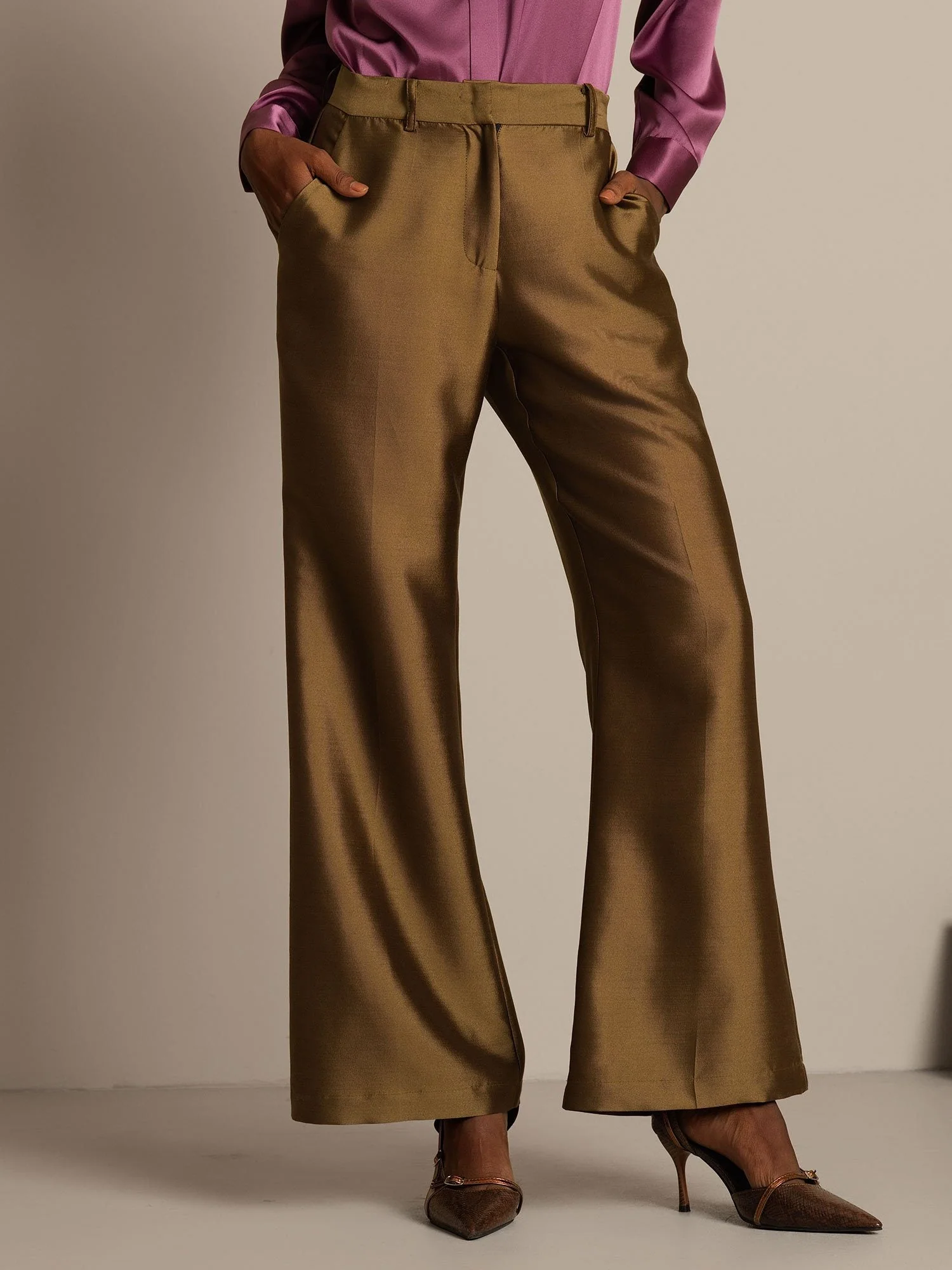 Clearance - 32Momme Seiden-Woll-Mischung Hohe Taille Mikro-Horn Weite Beinform Damenhose mit Seitentaschen Design - Image 20