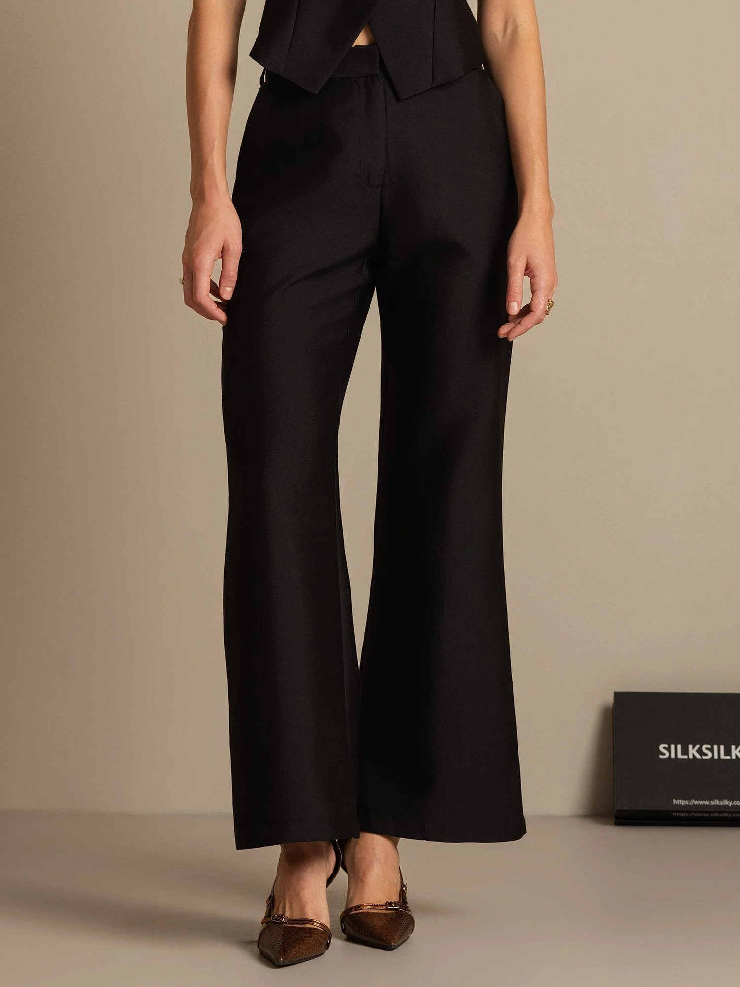 Clearance - 32Momme Seiden-Woll-Mischung Hohe Taille Mikro-Horn Weite Beinform Damenhose mit Seitentaschen Design - Image 3