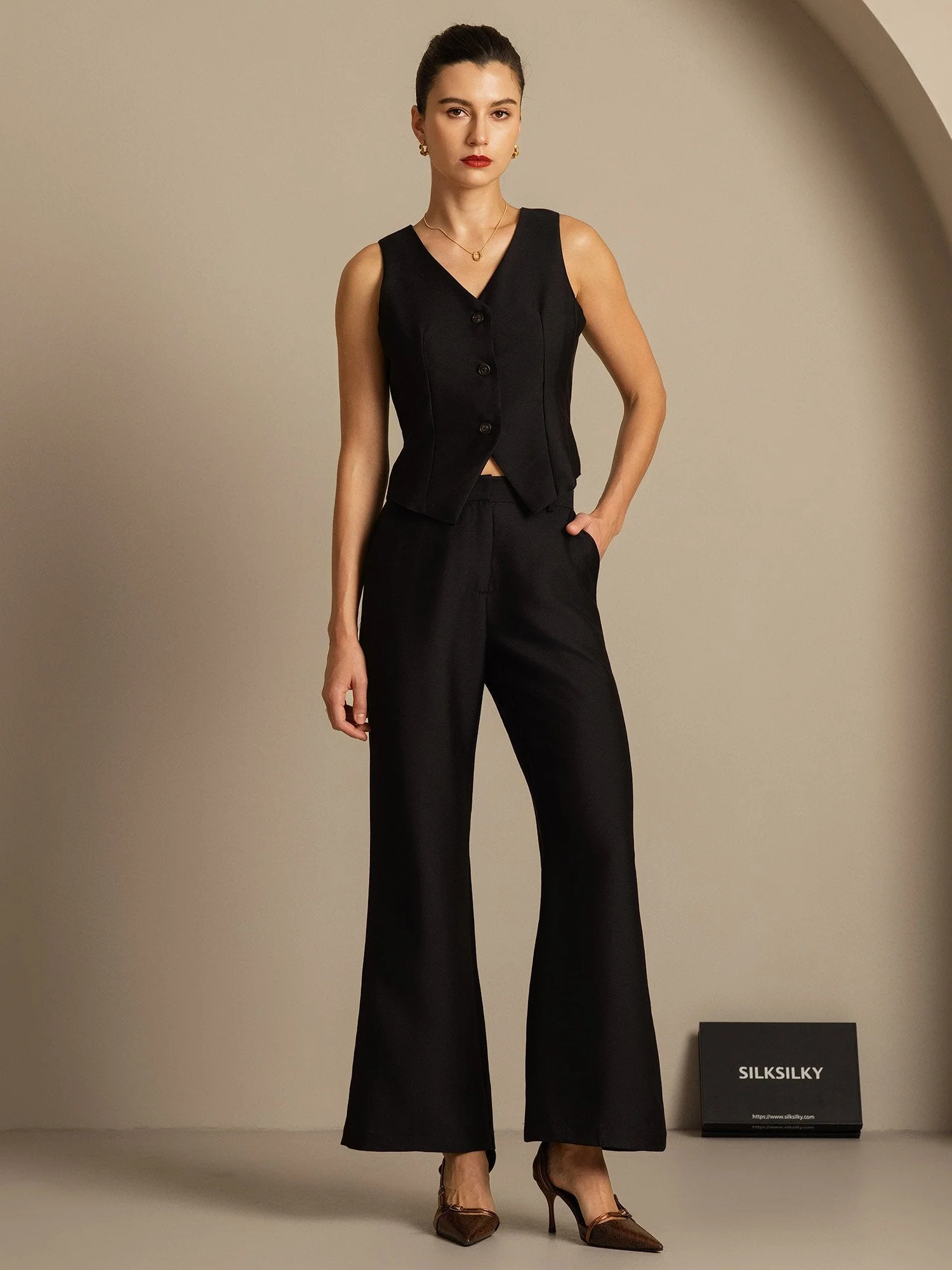 Clearance - 32Momme Seiden-Woll-Mischung Hohe Taille Mikro-Horn Weite Beinform Damenhose mit Seitentaschen Design - Image 4
