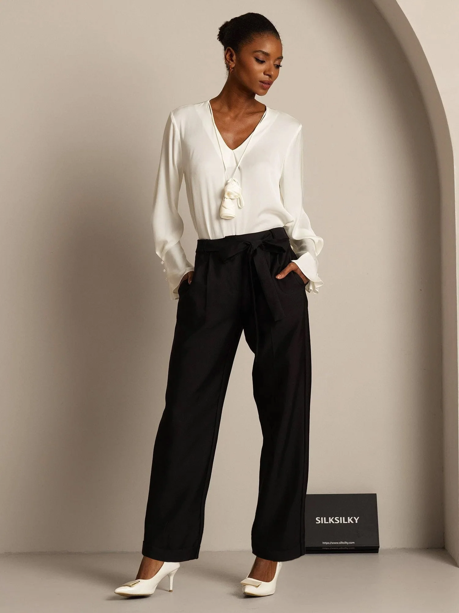 32Momme Seiden-Woll-Mix Hohe Taille Tapered Cropped Damenhose mit Bindegürtel-Design - Image 15