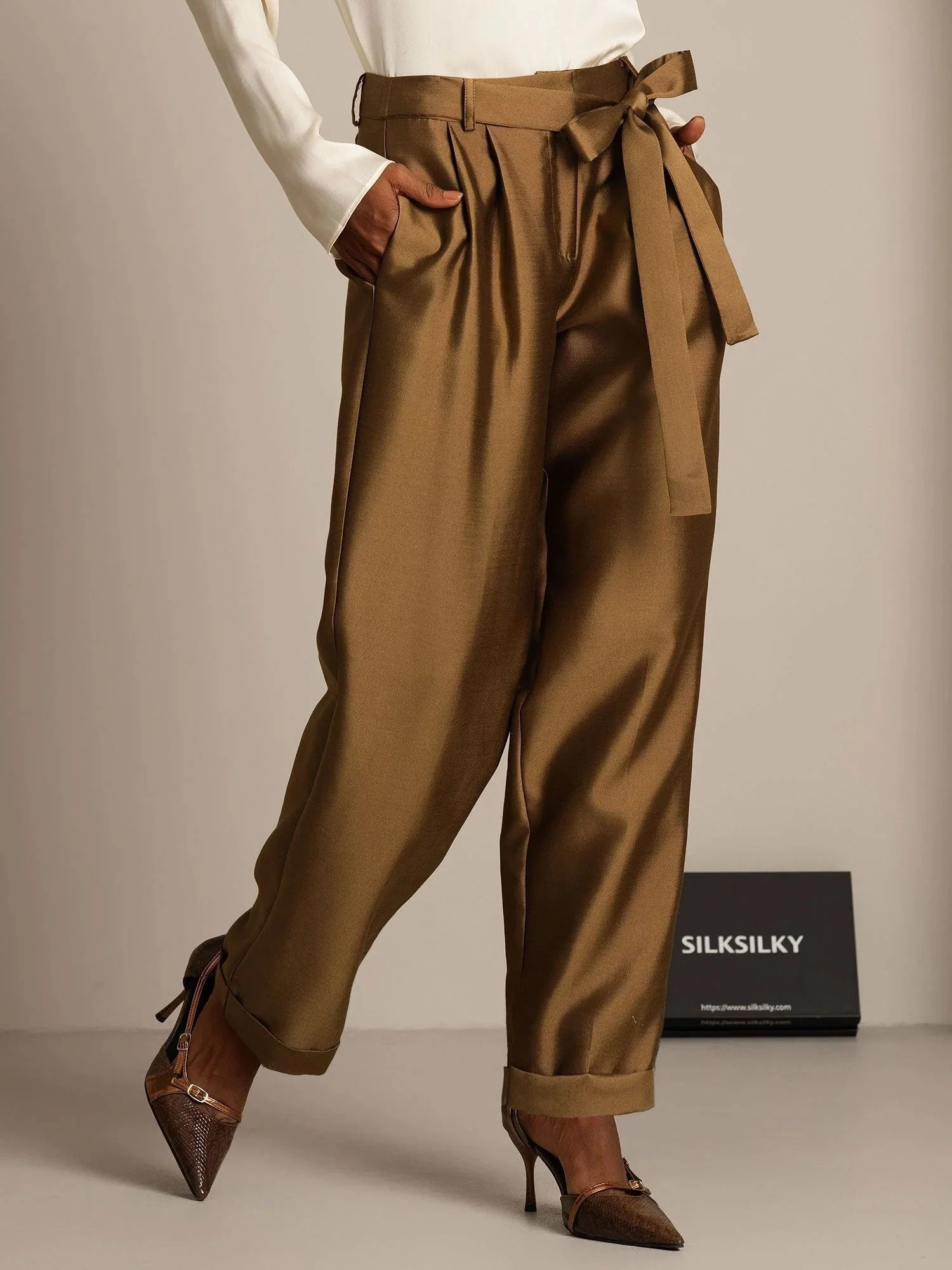 32Momme Seiden-Woll-Mix Hohe Taille Tapered Cropped Damenhose mit Bindegürtel-Design - Image 21