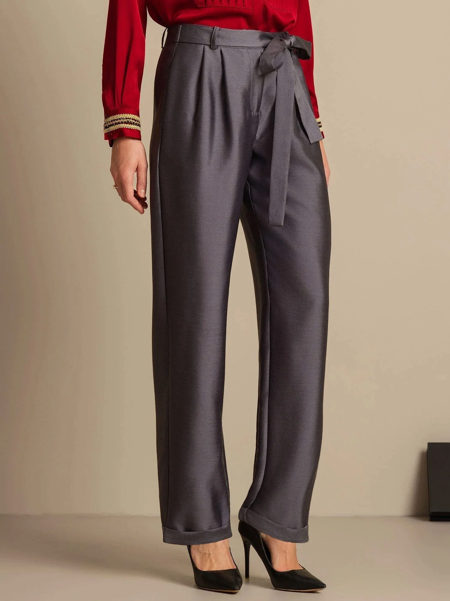 32Momme Seiden-Woll-Mix Hohe Taille Tapered Cropped Damenhose mit Bindegürtel-Design - Image 3