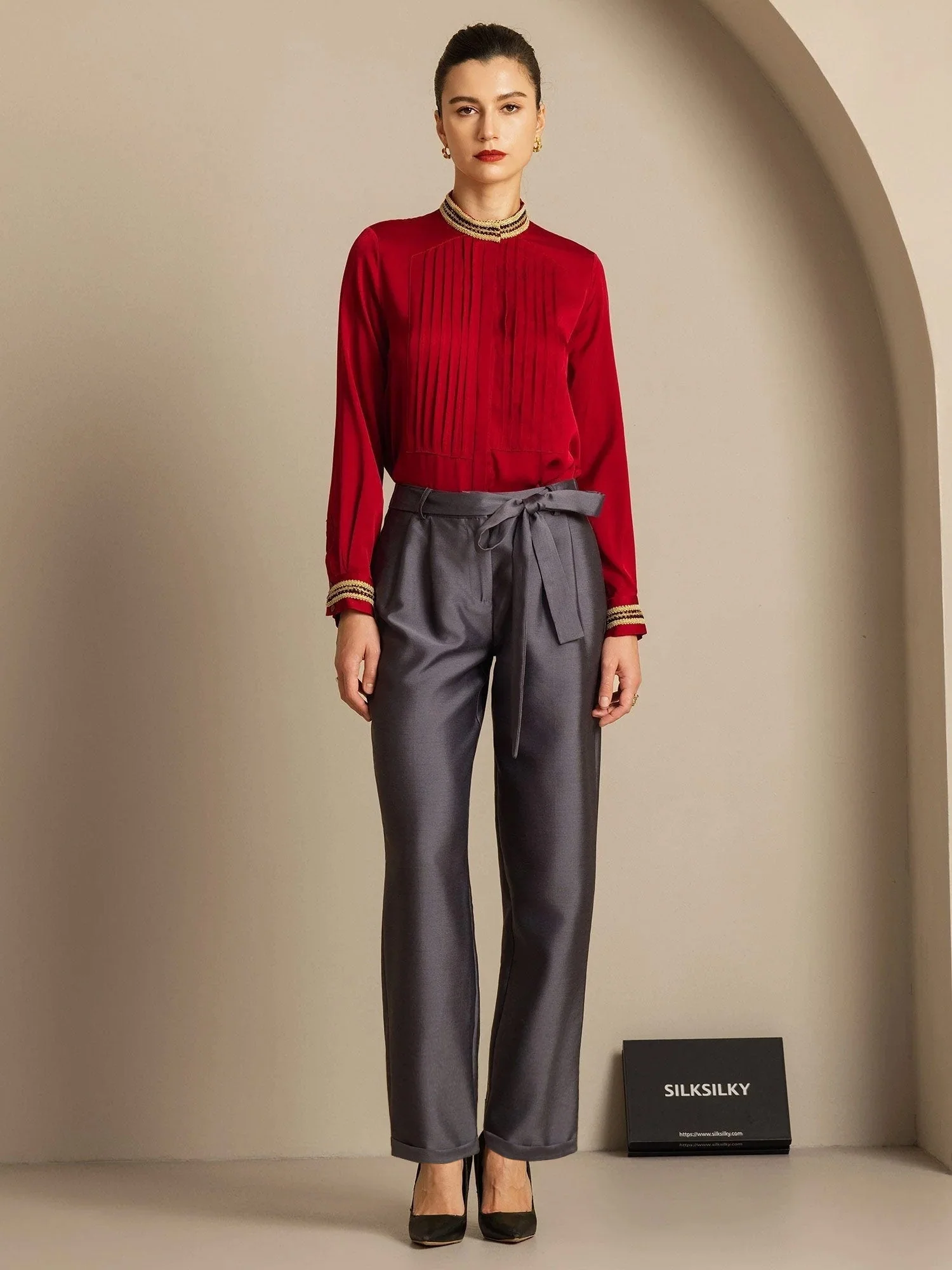 32Momme Seiden-Woll-Mix Hohe Taille Tapered Cropped Damenhose mit Bindegürtel-Design - Image 6