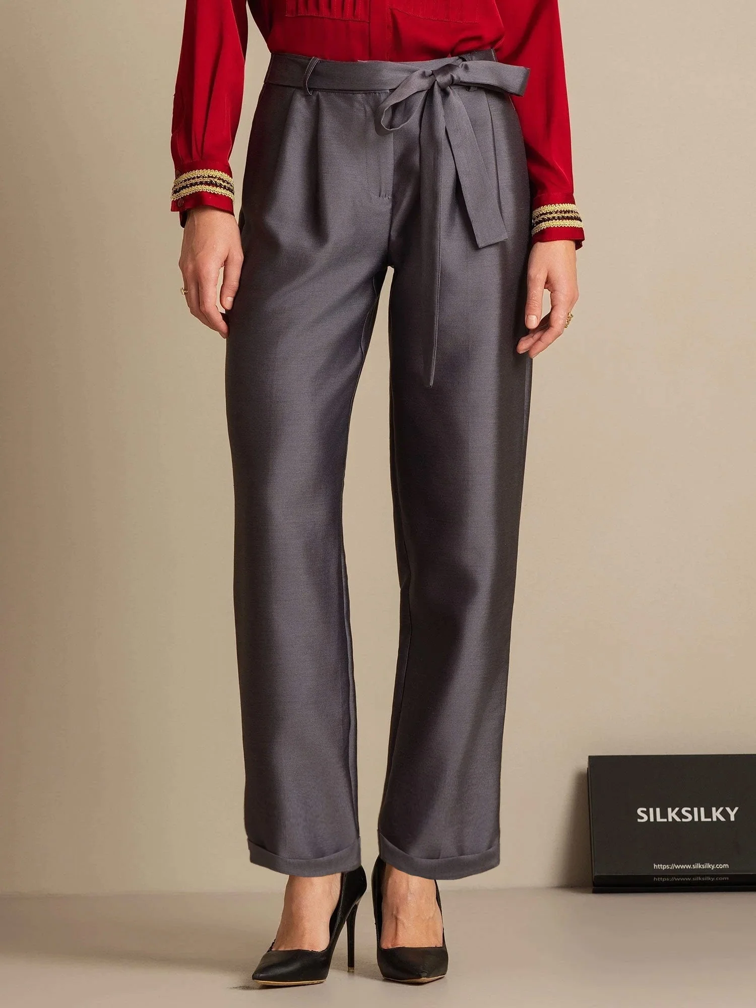 32Momme Seiden-Woll-Mix Hohe Taille Tapered Cropped Damenhose mit Bindegürtel-Design - Image 7
