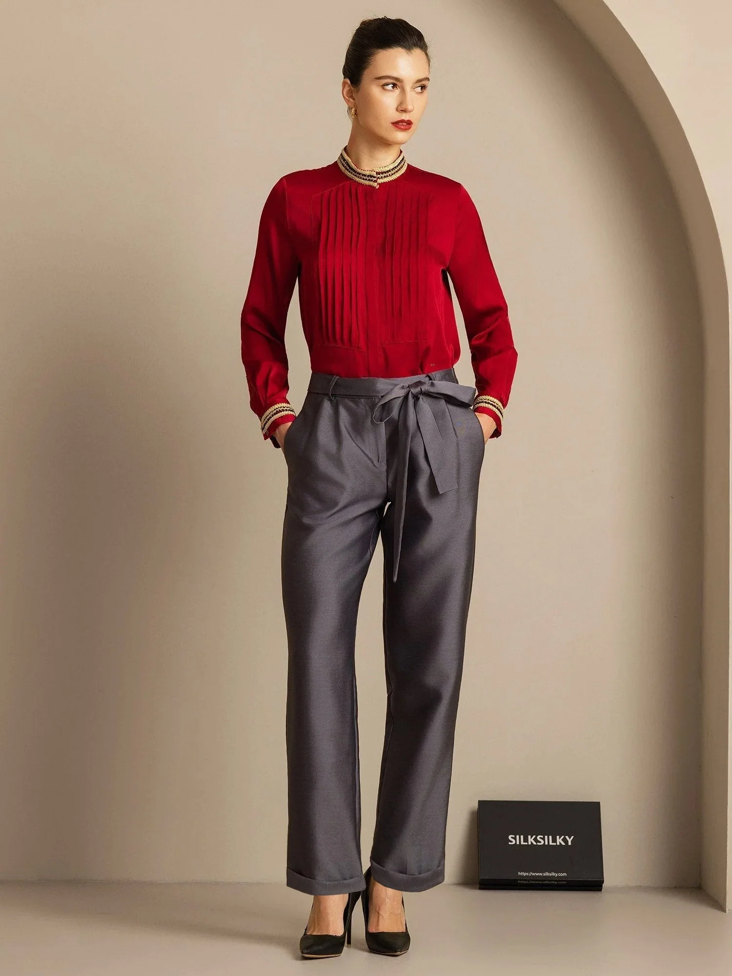 32Momme Seiden-Woll-Mix Hohe Taille Tapered Cropped Damenhose mit Bindegürtel-Design - Image 8