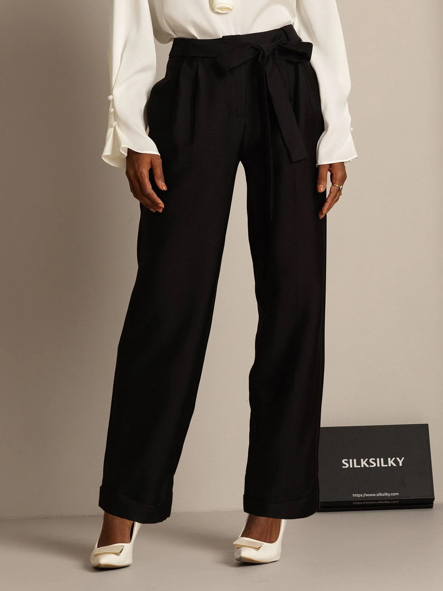 32Momme Seiden-Woll-Mix Hohe Taille Tapered Cropped Damenhose mit Bindegürtel-Design - Image 9