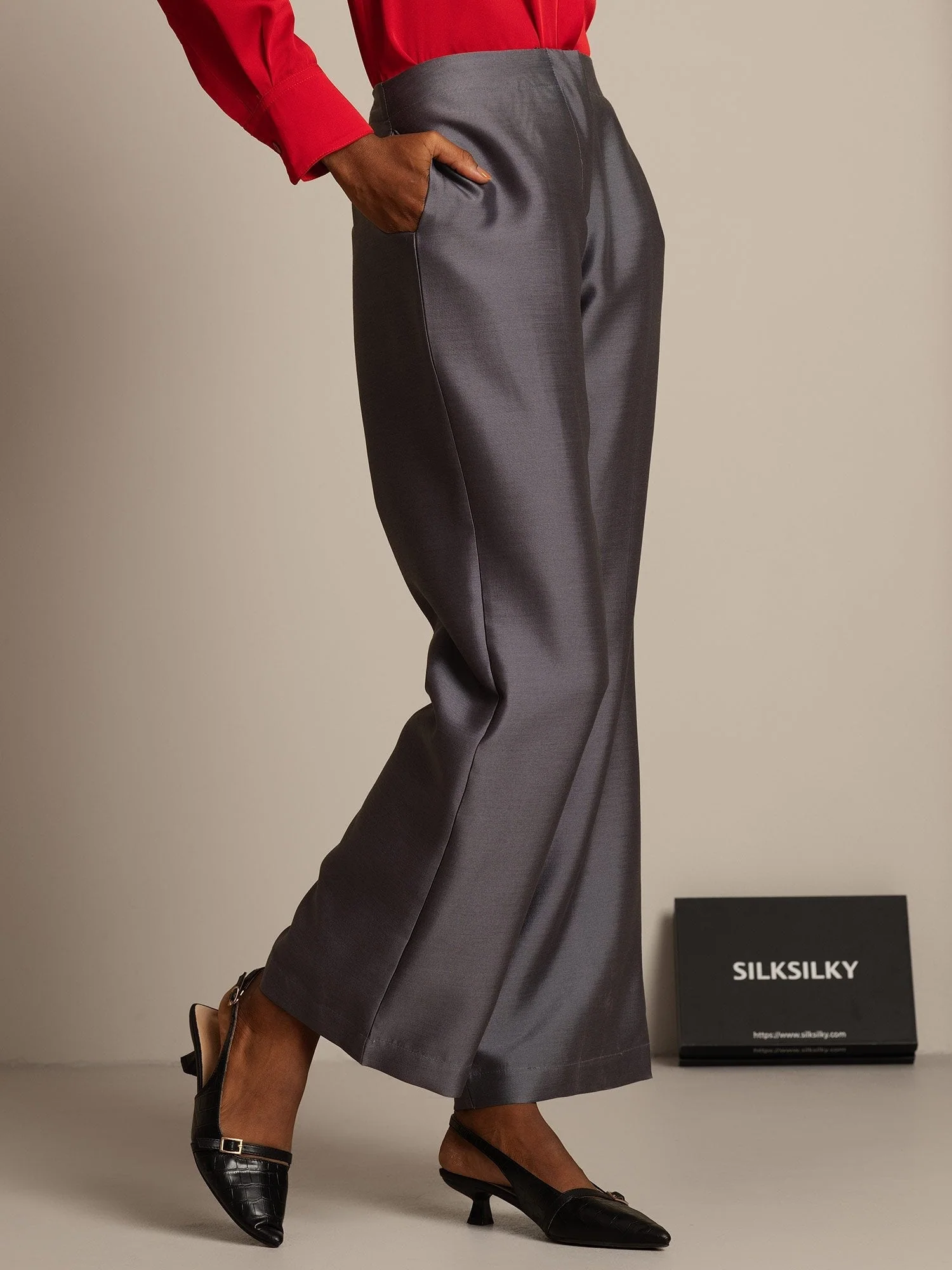 Clearance - 32Momme Seiden-Woll-Mischung Hohe Taille Weite Beinform Damenhose mit Seitentaschen Design - Image 10