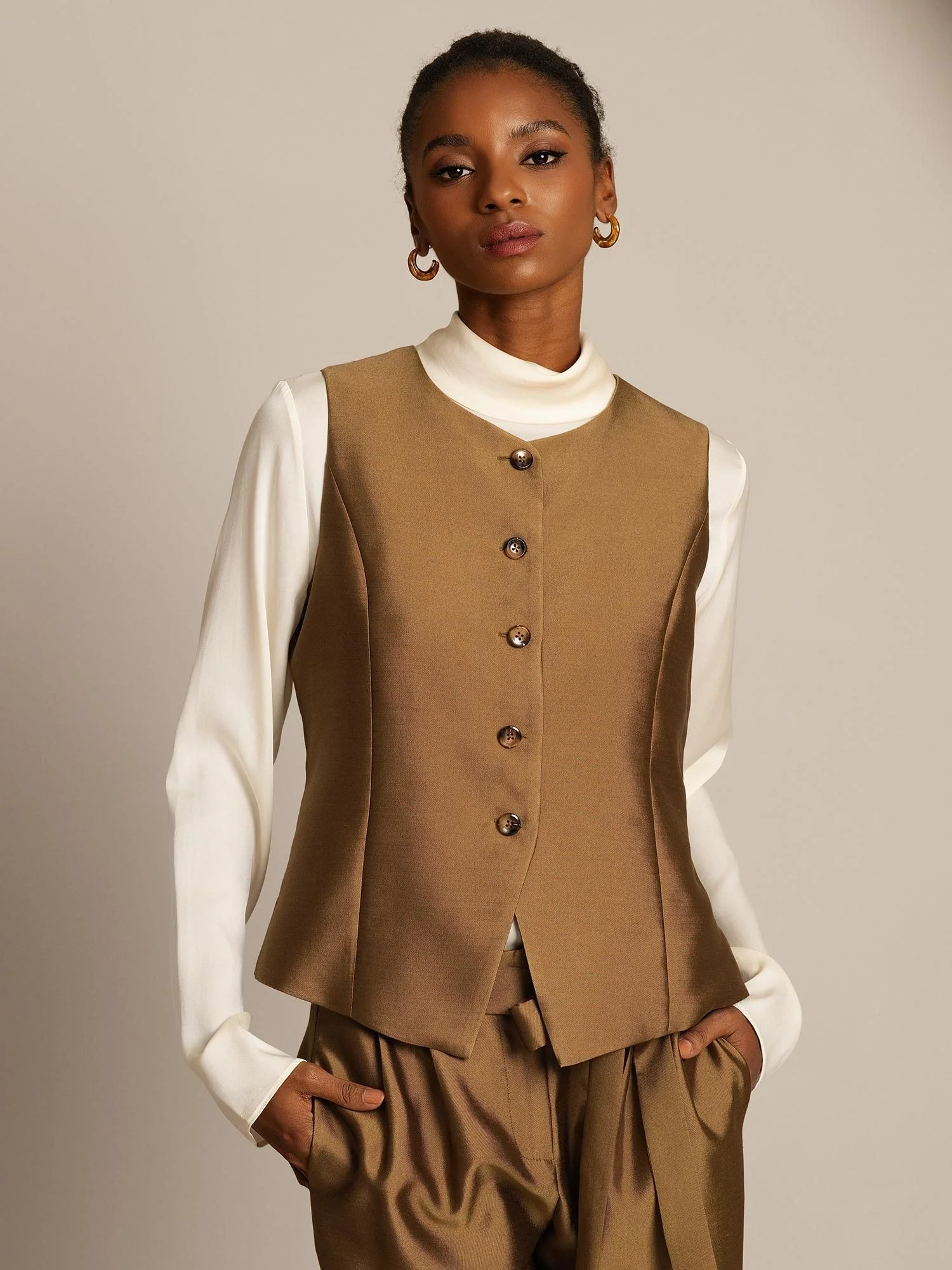 Clearance - 32Momme Seide-Wolle-Mischung Damen Weste mit Knopfdesign - Image 16