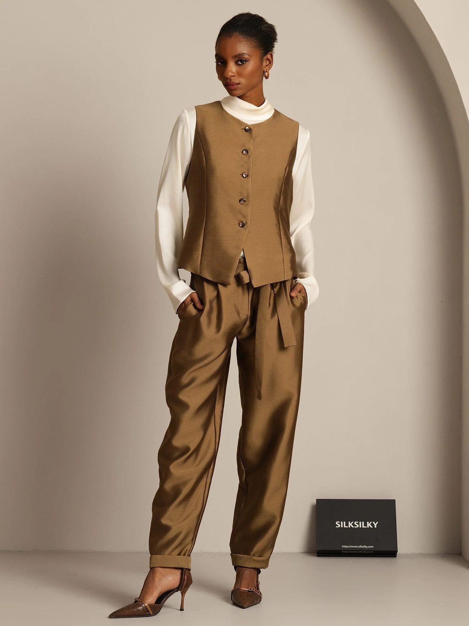 Clearance - 32Momme Seide-Wolle-Mischung Damen Weste mit Knopfdesign - Image 21