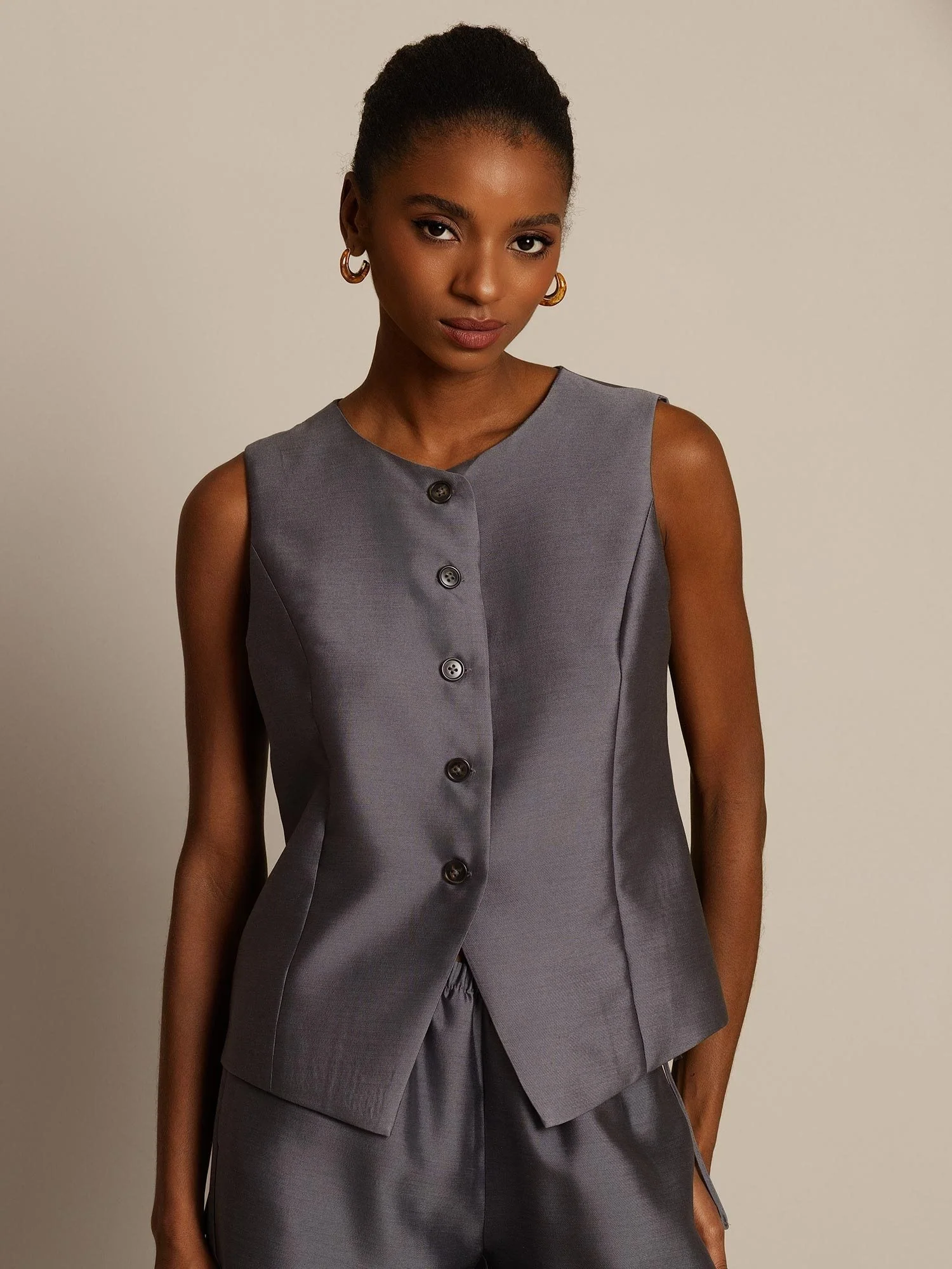Clearance - 32Momme Seide-Wolle-Mischung Damen Weste mit Knopfdesign - Image 3