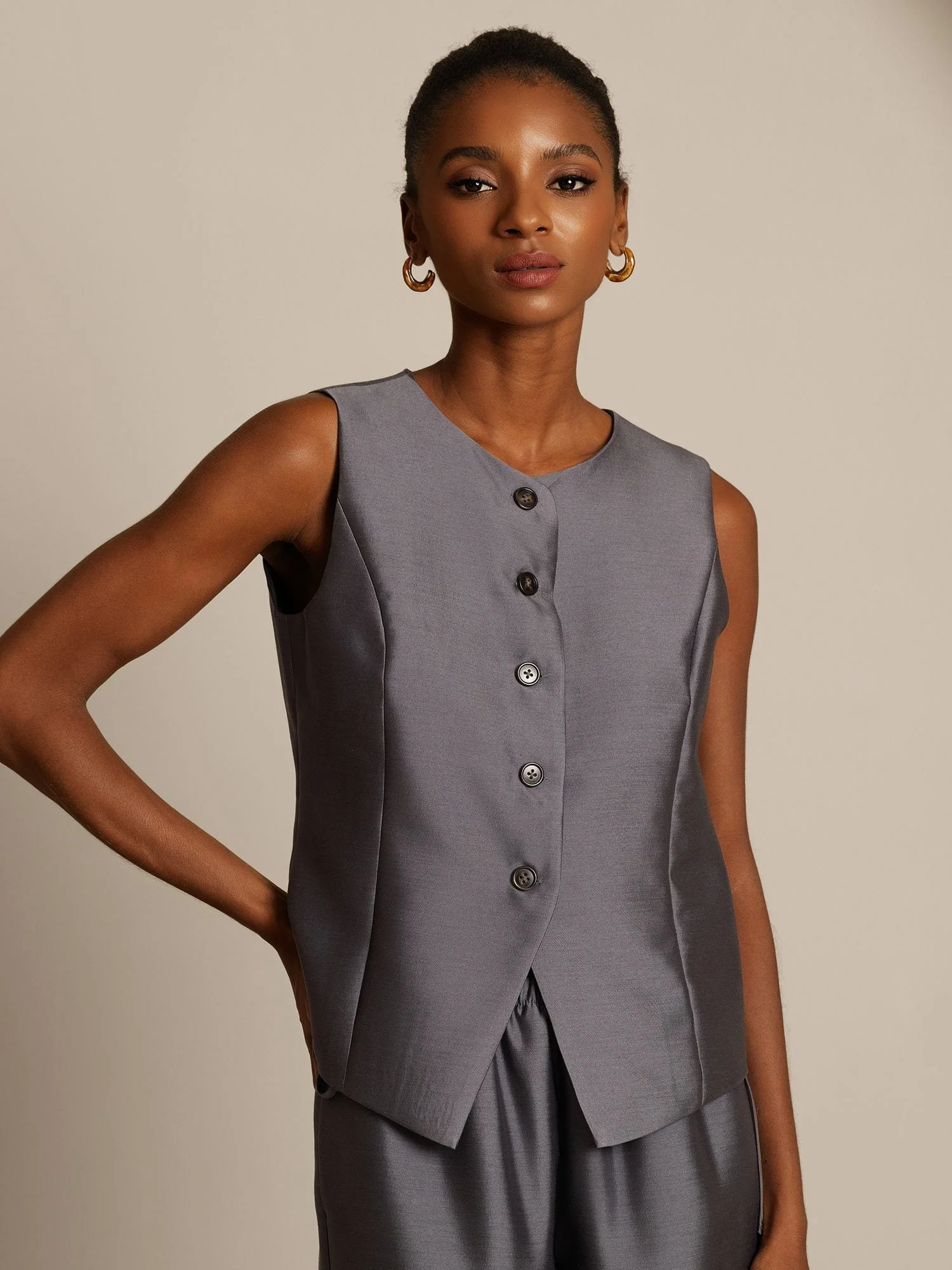 Clearance - 32Momme Seide-Wolle-Mischung Damen Weste mit Knopfdesign - Image 5