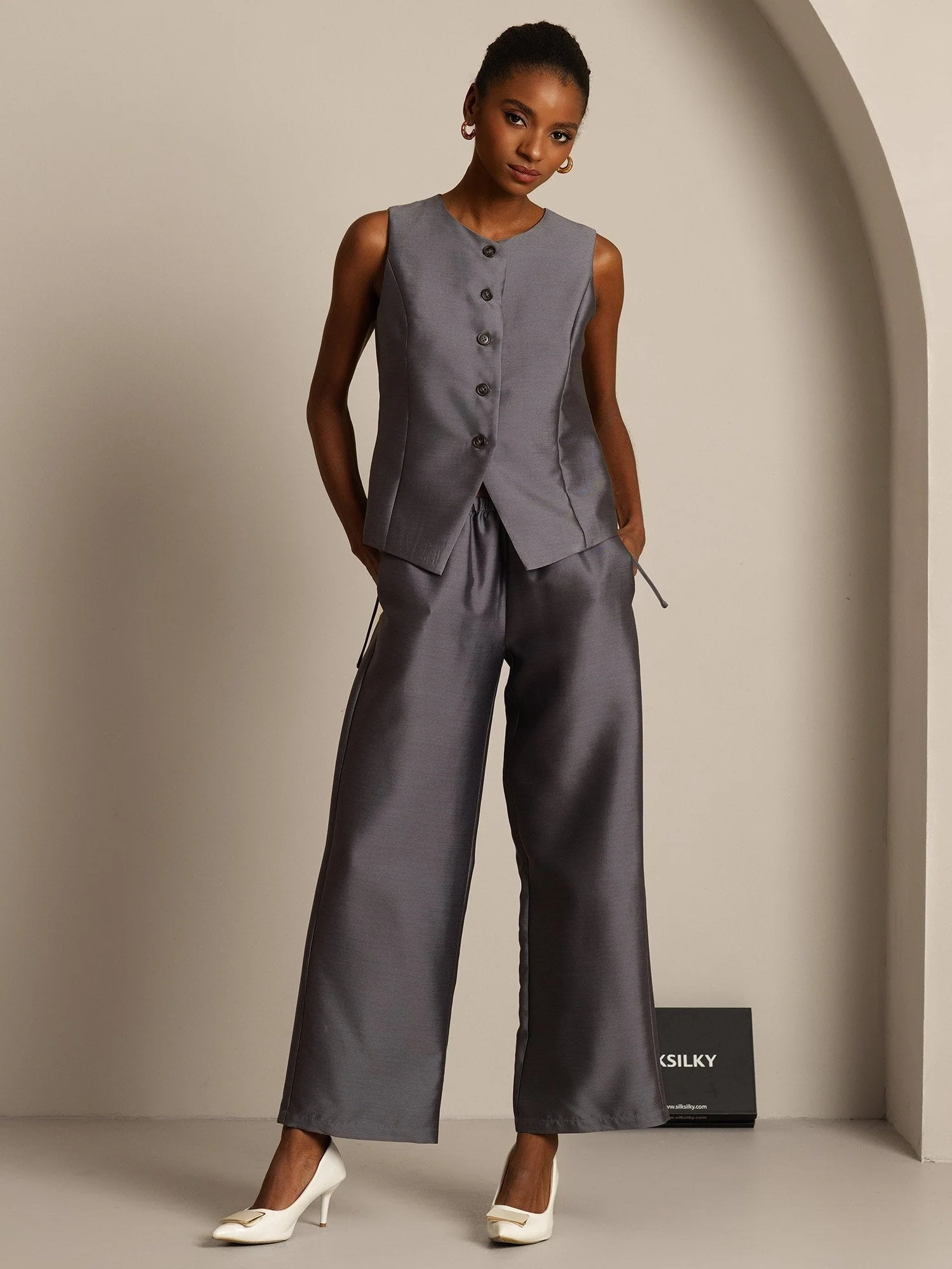 Clearance - 32Momme Seide-Wolle-Mischung Damen Weste mit Knopfdesign - Image 6