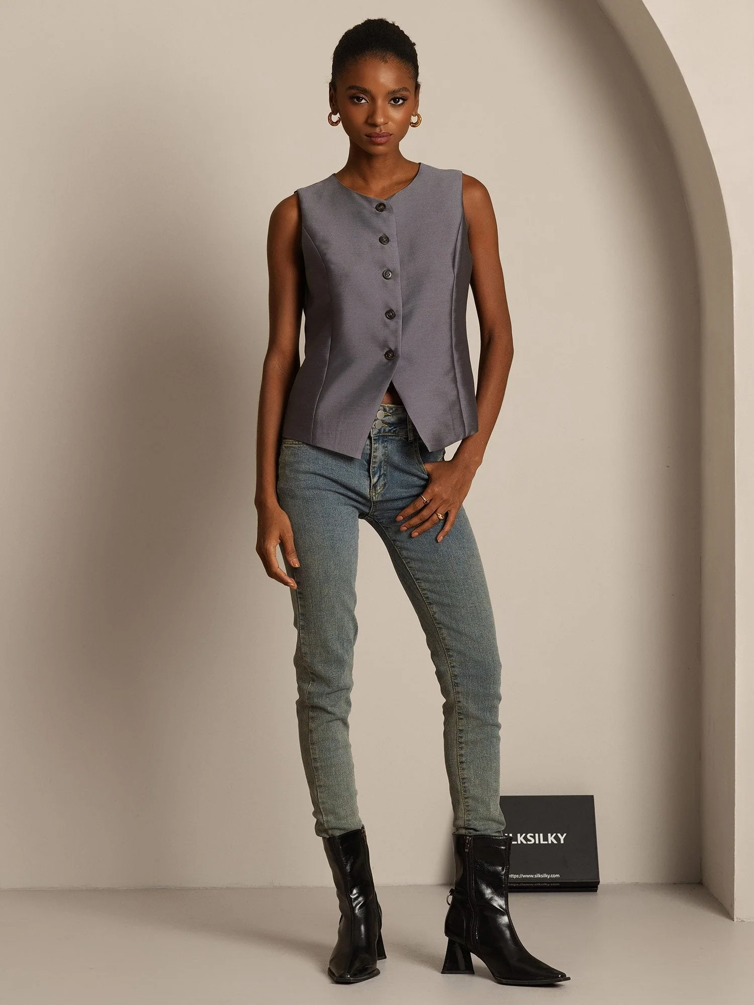 Clearance - 32Momme Seide-Wolle-Mischung Damen Weste mit Knopfdesign - Image 8
