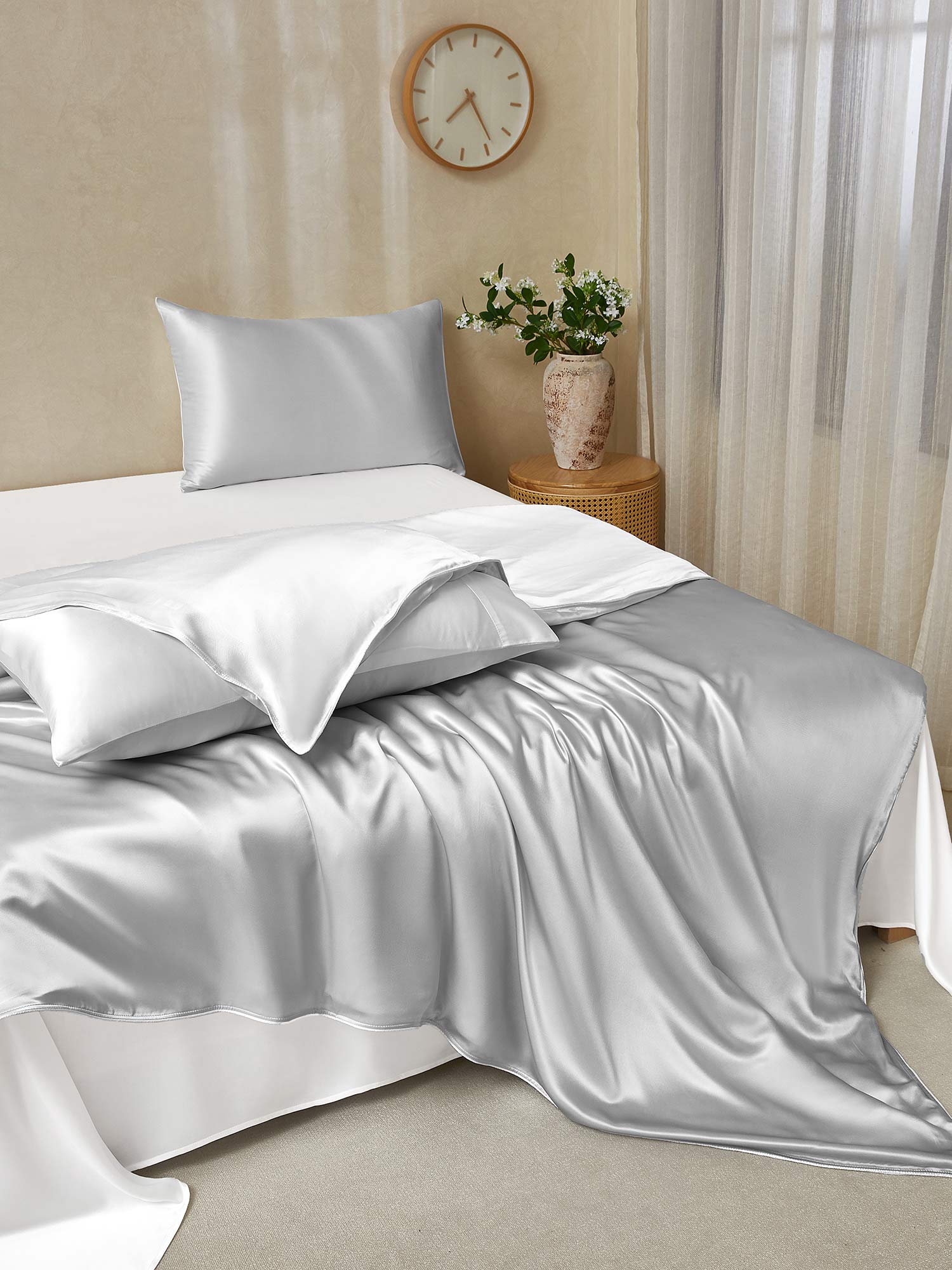 19Momme 4tlg Set Seide Bettbezug+Wohnung Blatt+2x Kissenbezug - Image 106