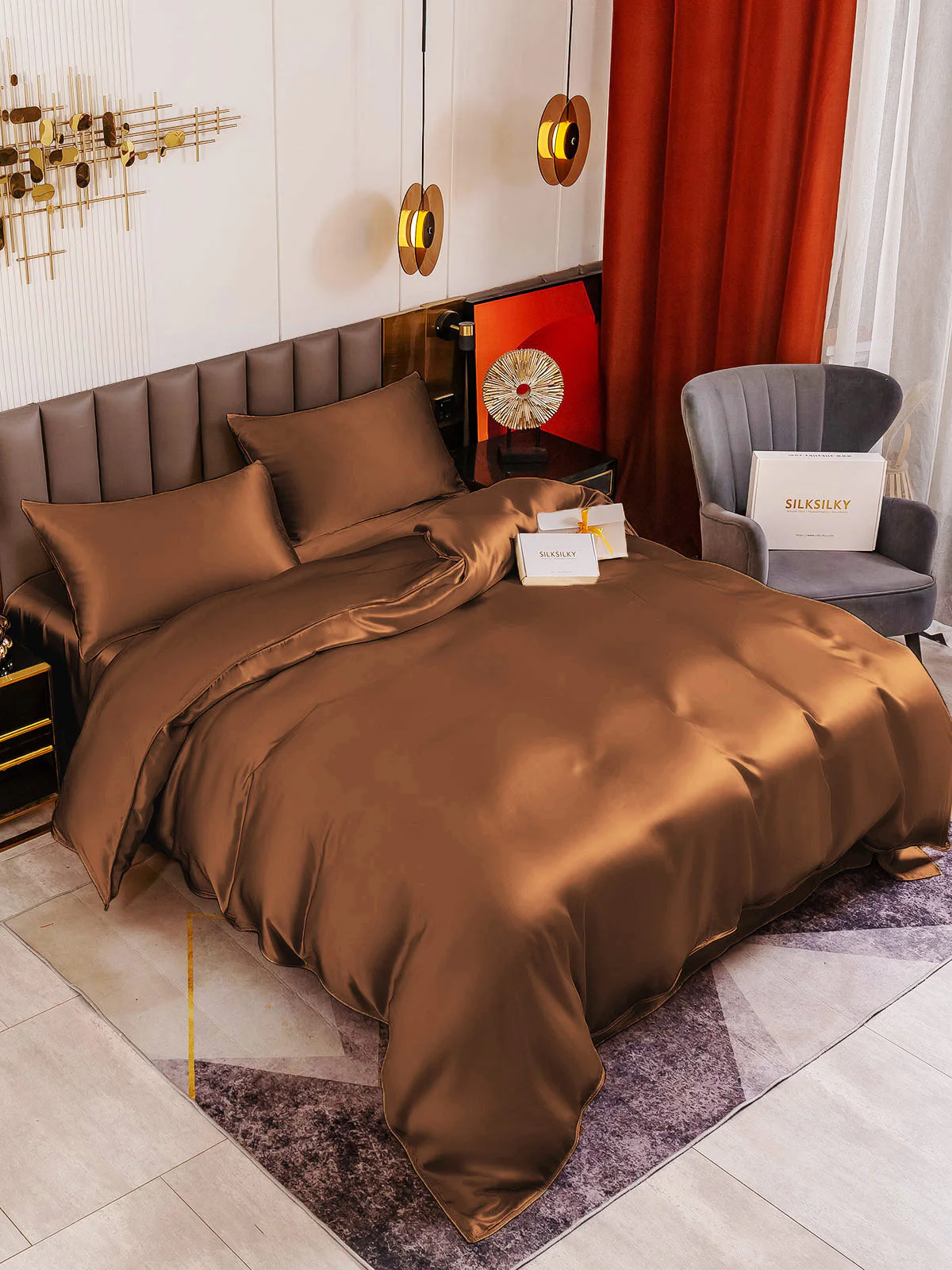 19Momme 4tlg Set Seide Bettbezug+Wohnung Blatt+2x Kissenbezug - Image 73