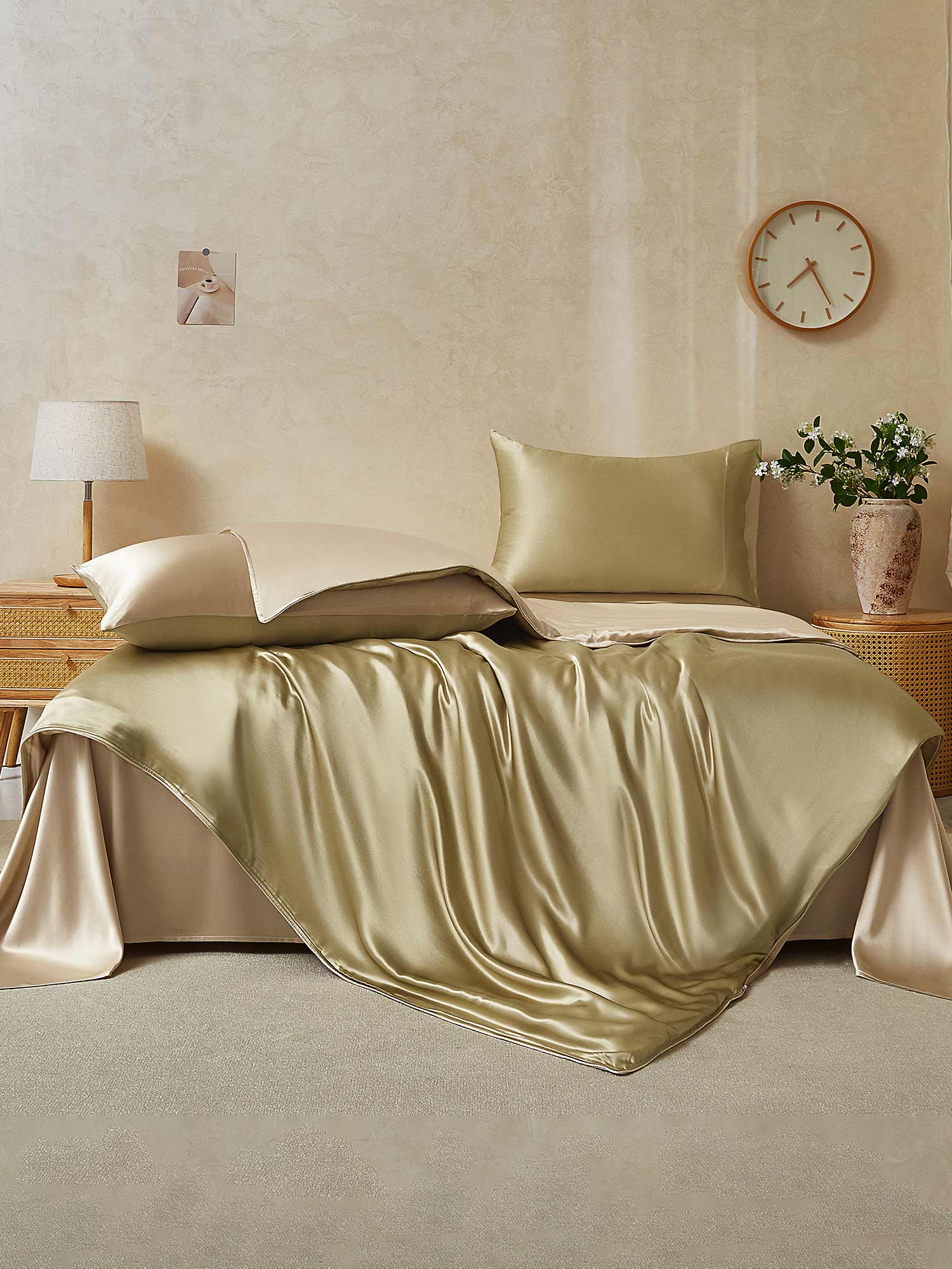 19Momme 4tlg Set Seide Bettbezug+Wohnung Blatt+2x Kissenbezug - Image 97