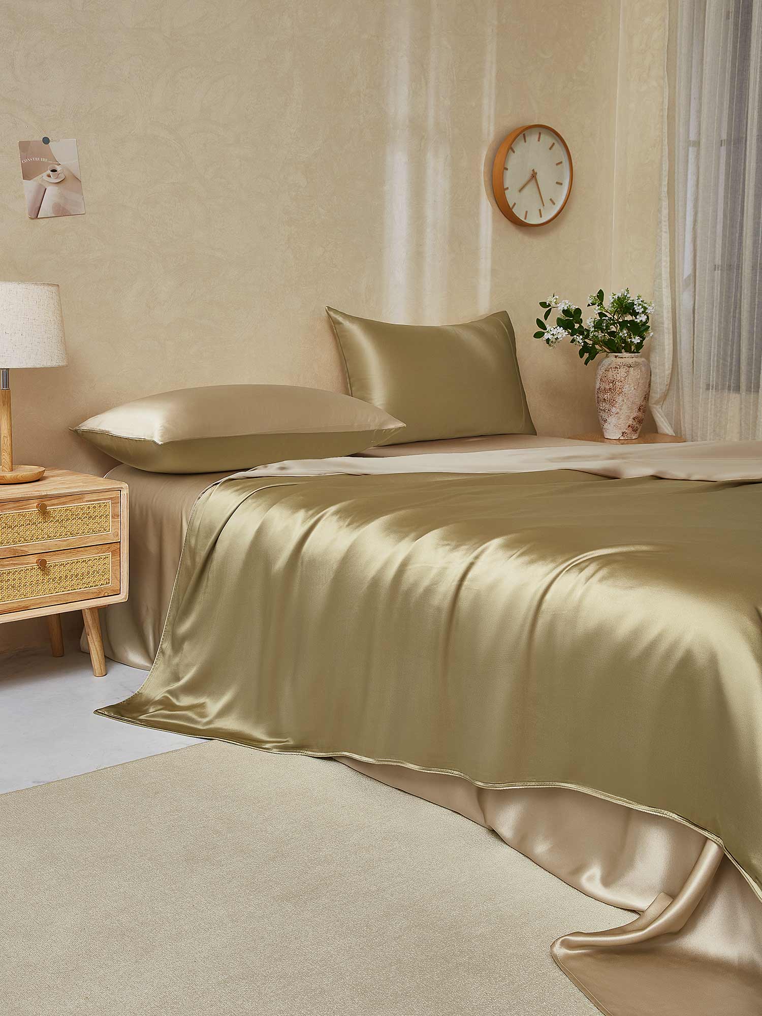 19Momme 4tlg Set Seide Bettbezug+Wohnung Blatt+2x Kissenbezug - Image 98
