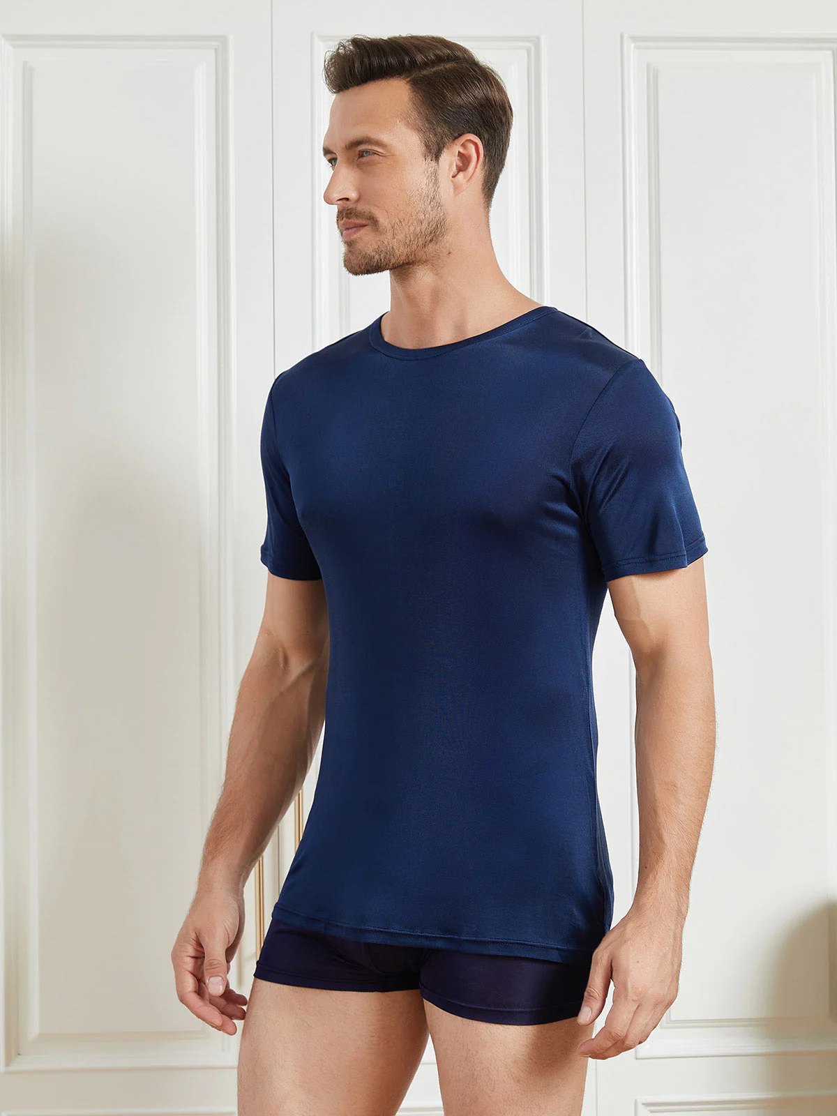 Herren Rundhalsausschnitt Reine Seide T-Shirt - Image 3