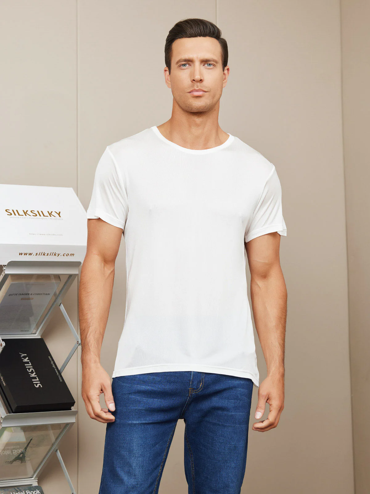 Herren Rundhalsausschnitt Reine Seide T-Shirt - Image 7