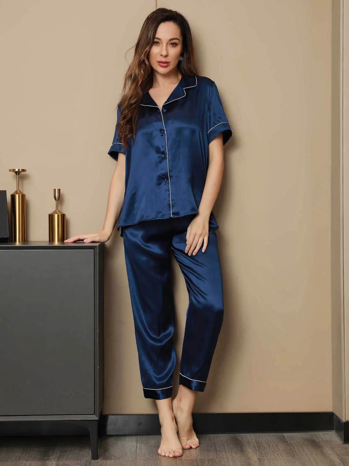 Piping Trim Pyjama-Set aus reiner Seide 2-teilig - Image 10