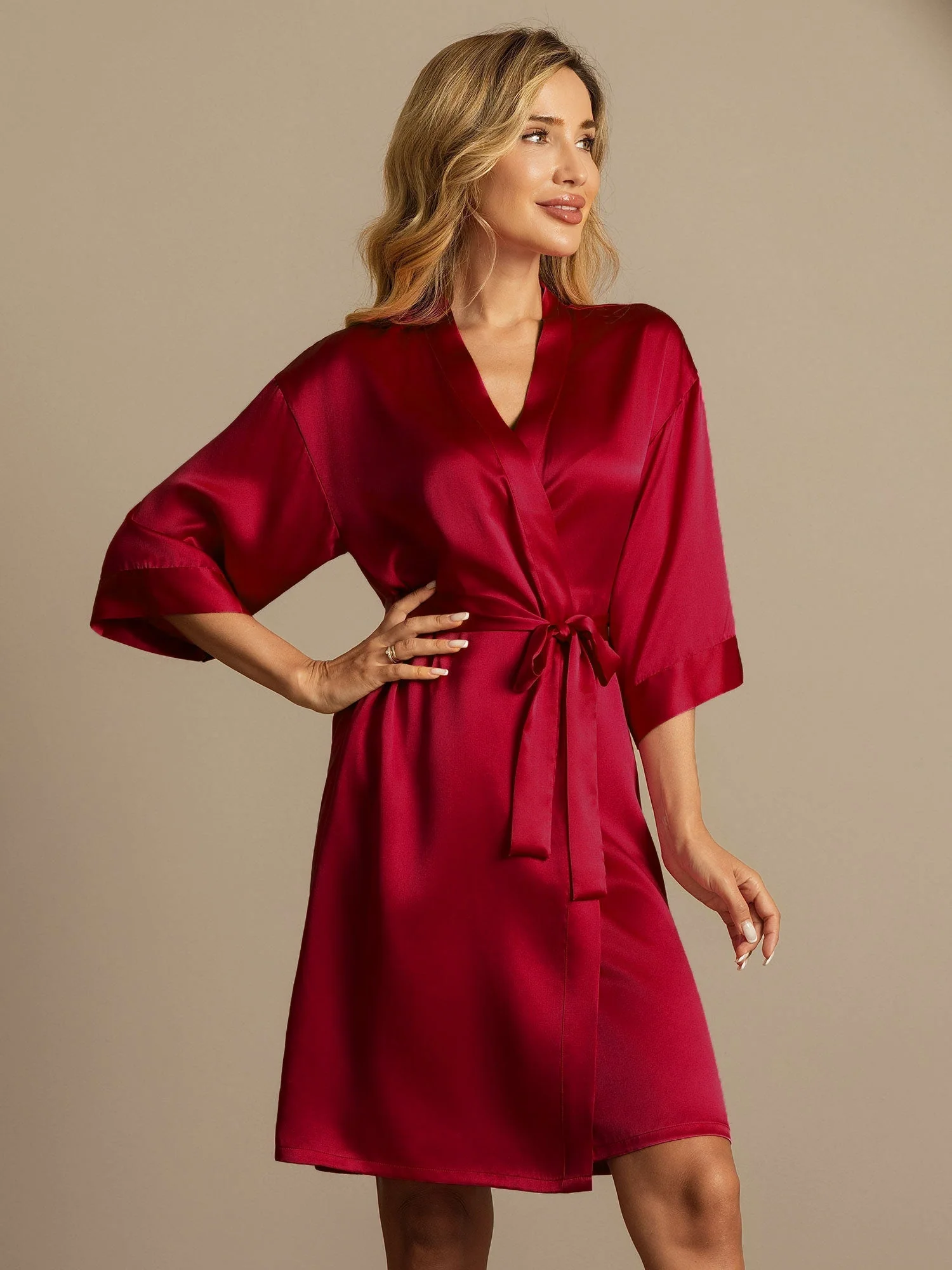 100% Maulbeerseide 3/4-Ärmel Damen Wickelkimono Bademantel - Image 10