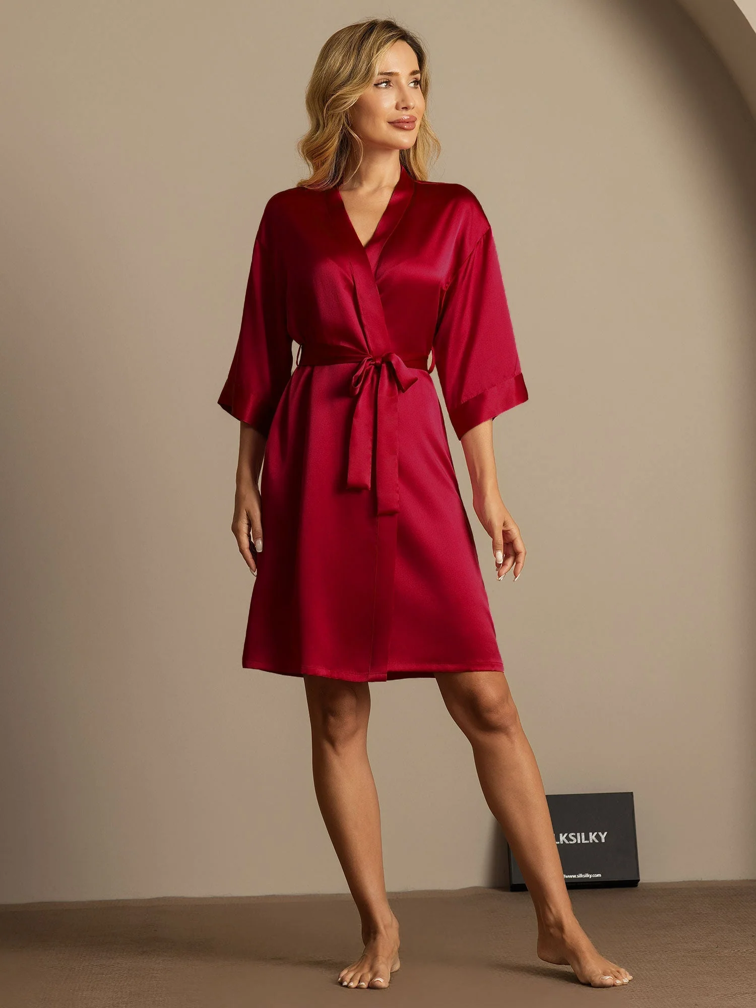 100% Maulbeerseide 3/4-Ärmel Damen Wickelkimono Bademantel - Image 11