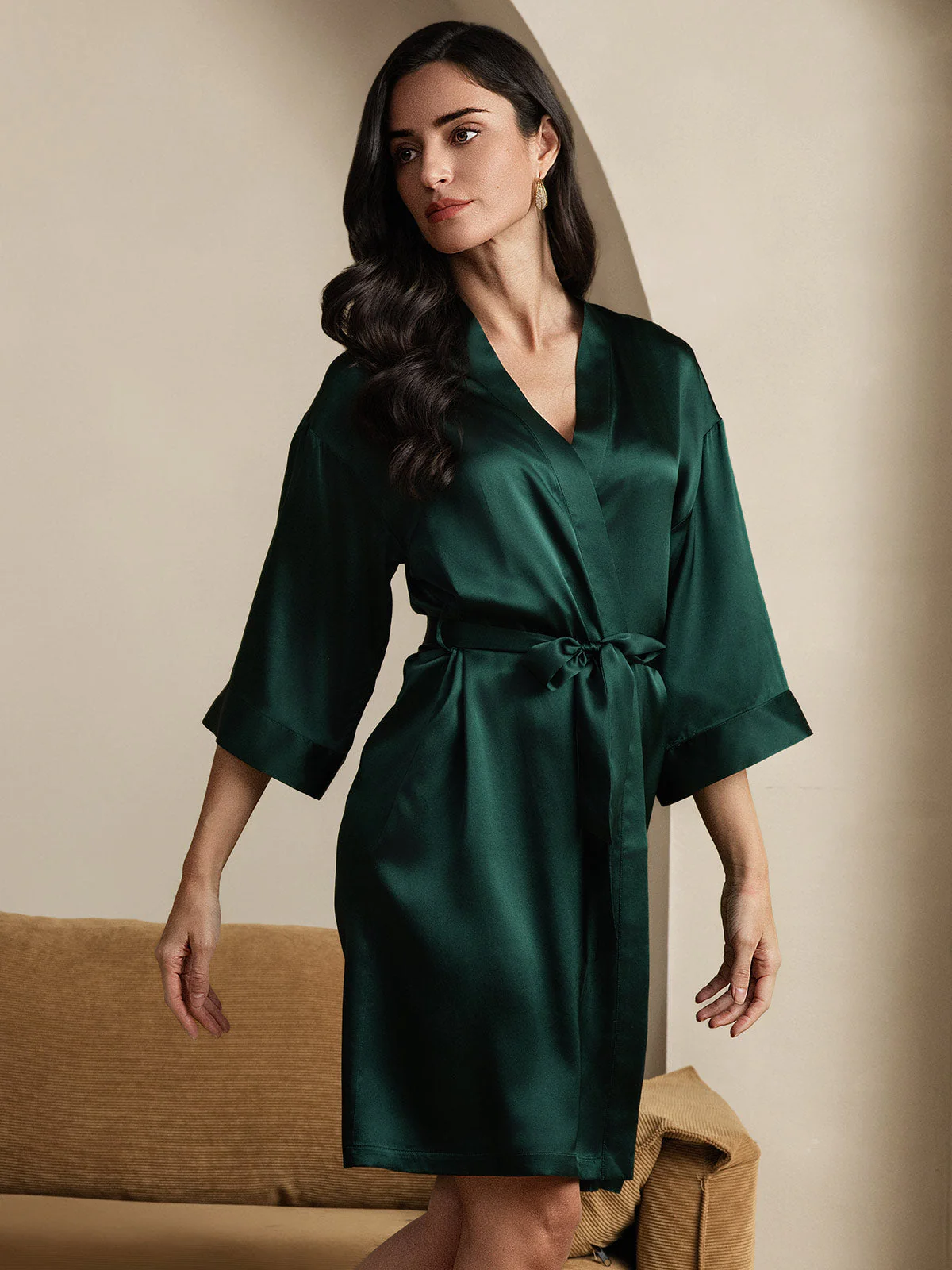 100% Maulbeerseide 3/4-Ärmel Damen Wickelkimono Bademantel - Image 19