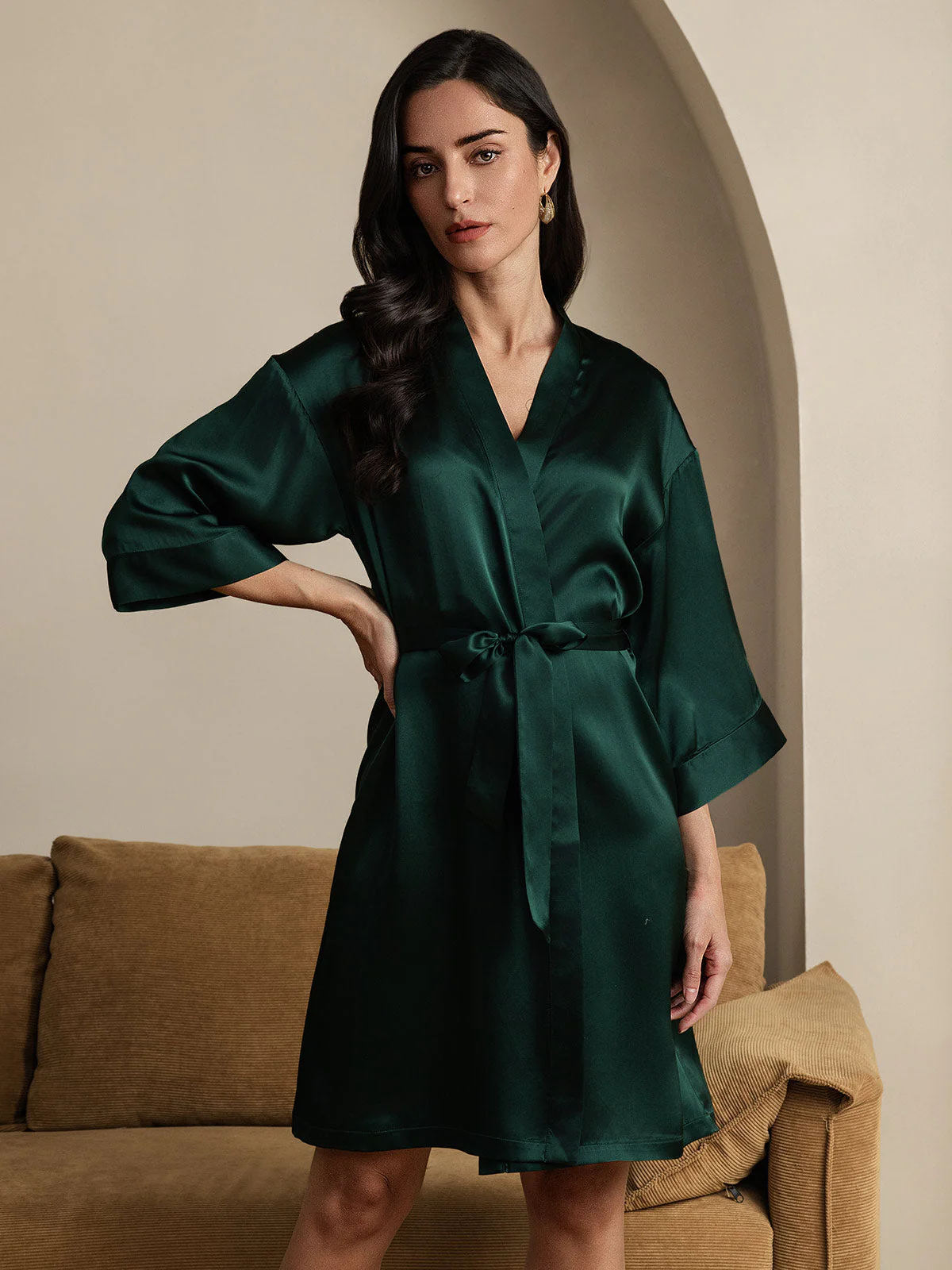 100% Maulbeerseide 3/4-Ärmel Damen Wickelkimono Bademantel - Image 21
