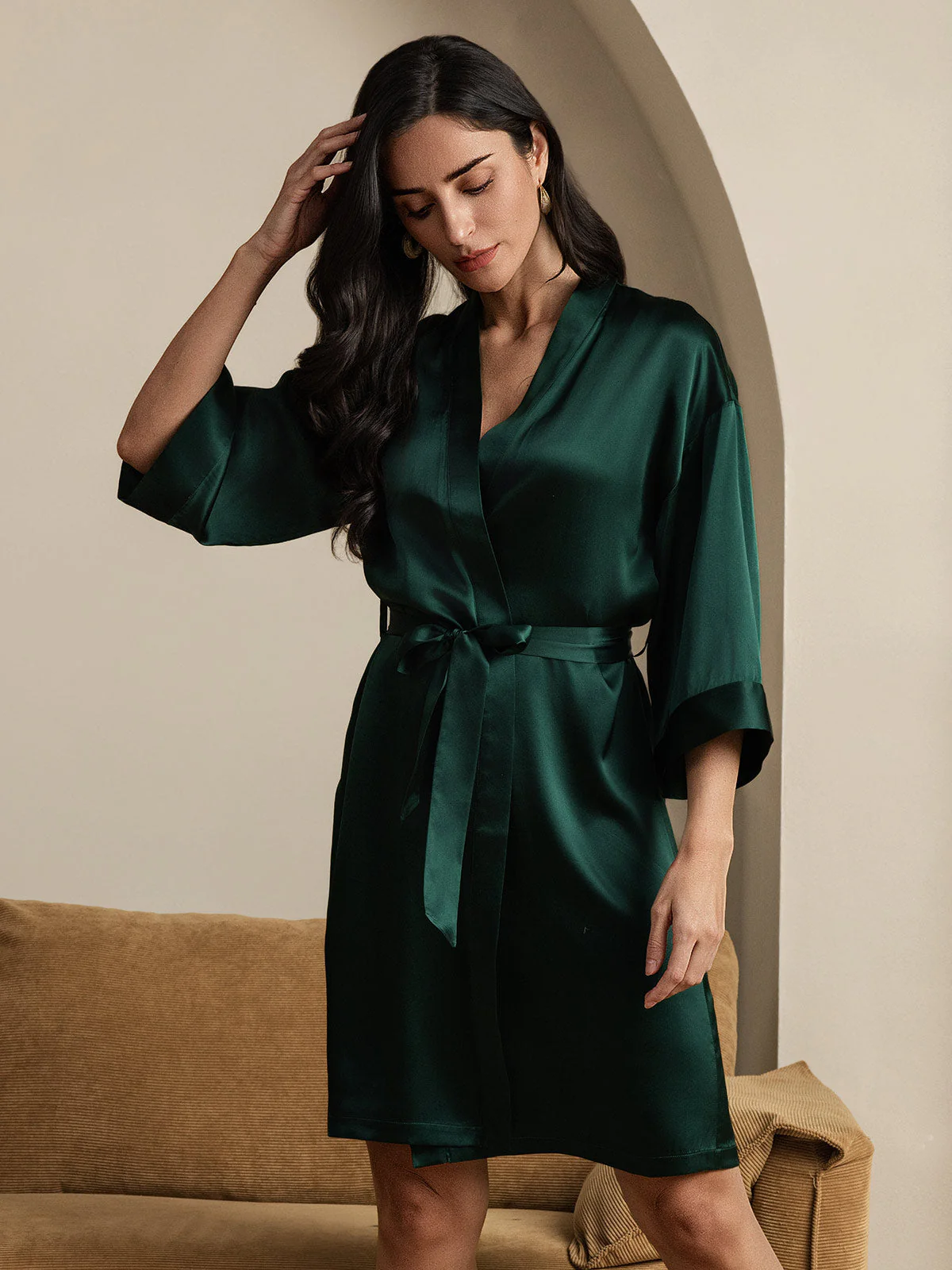 100% Maulbeerseide 3/4-Ärmel Damen Wickelkimono Bademantel - Image 24