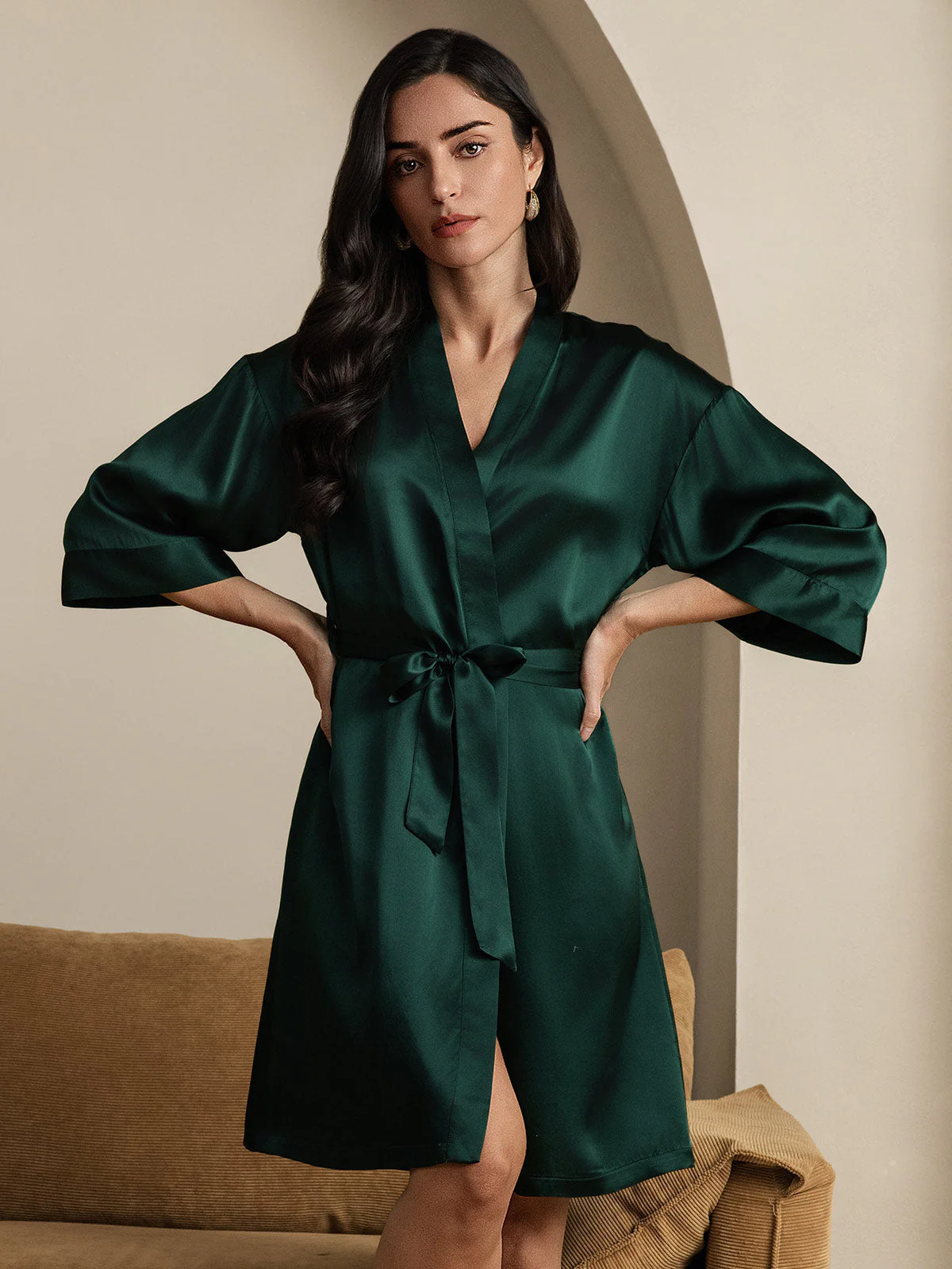 100% Maulbeerseide 3/4-Ärmel Damen Wickelkimono Bademantel - Image 25
