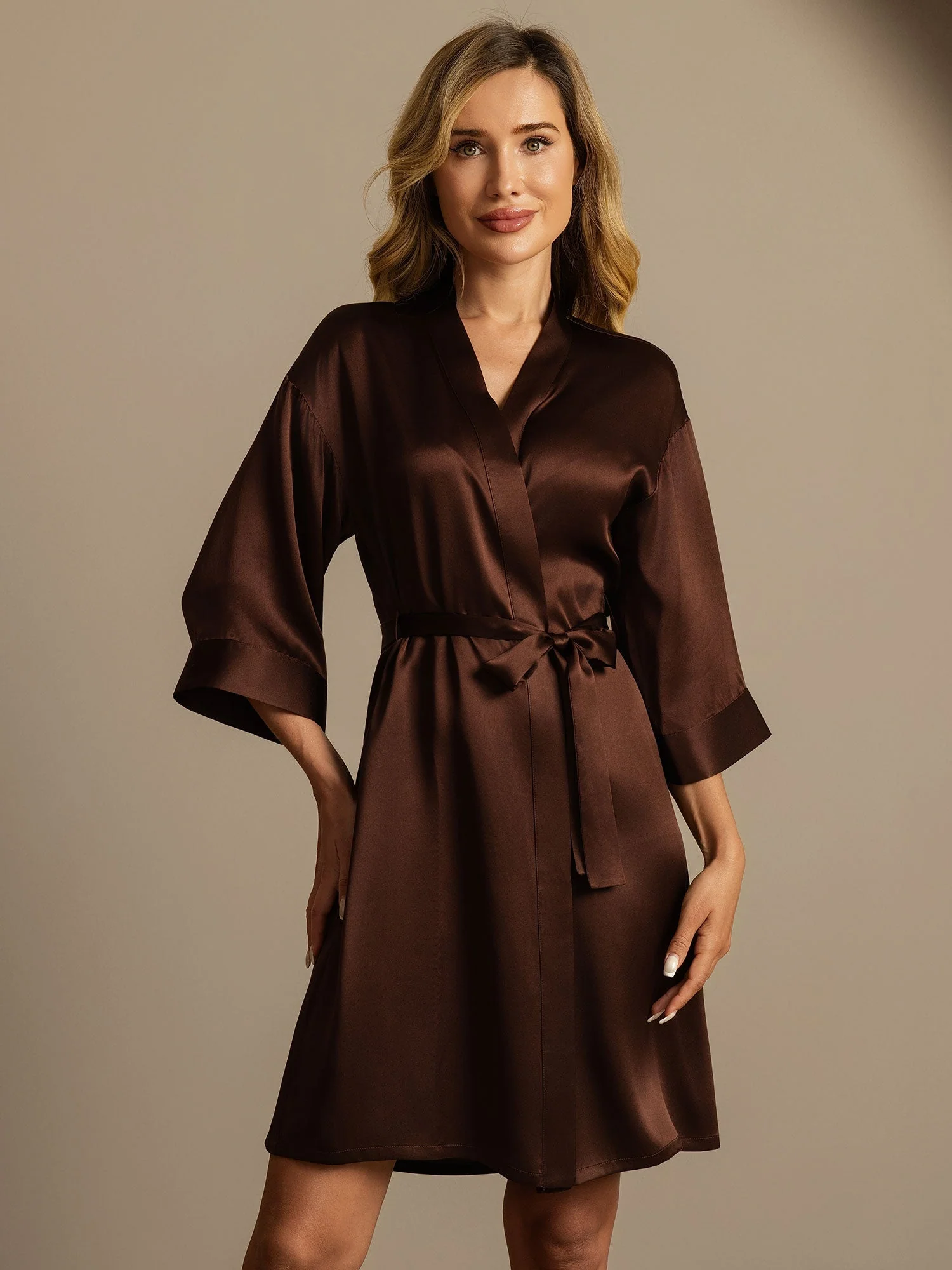 100% Maulbeerseide 3/4-Ärmel Damen Wickelkimono Bademantel - Image 36