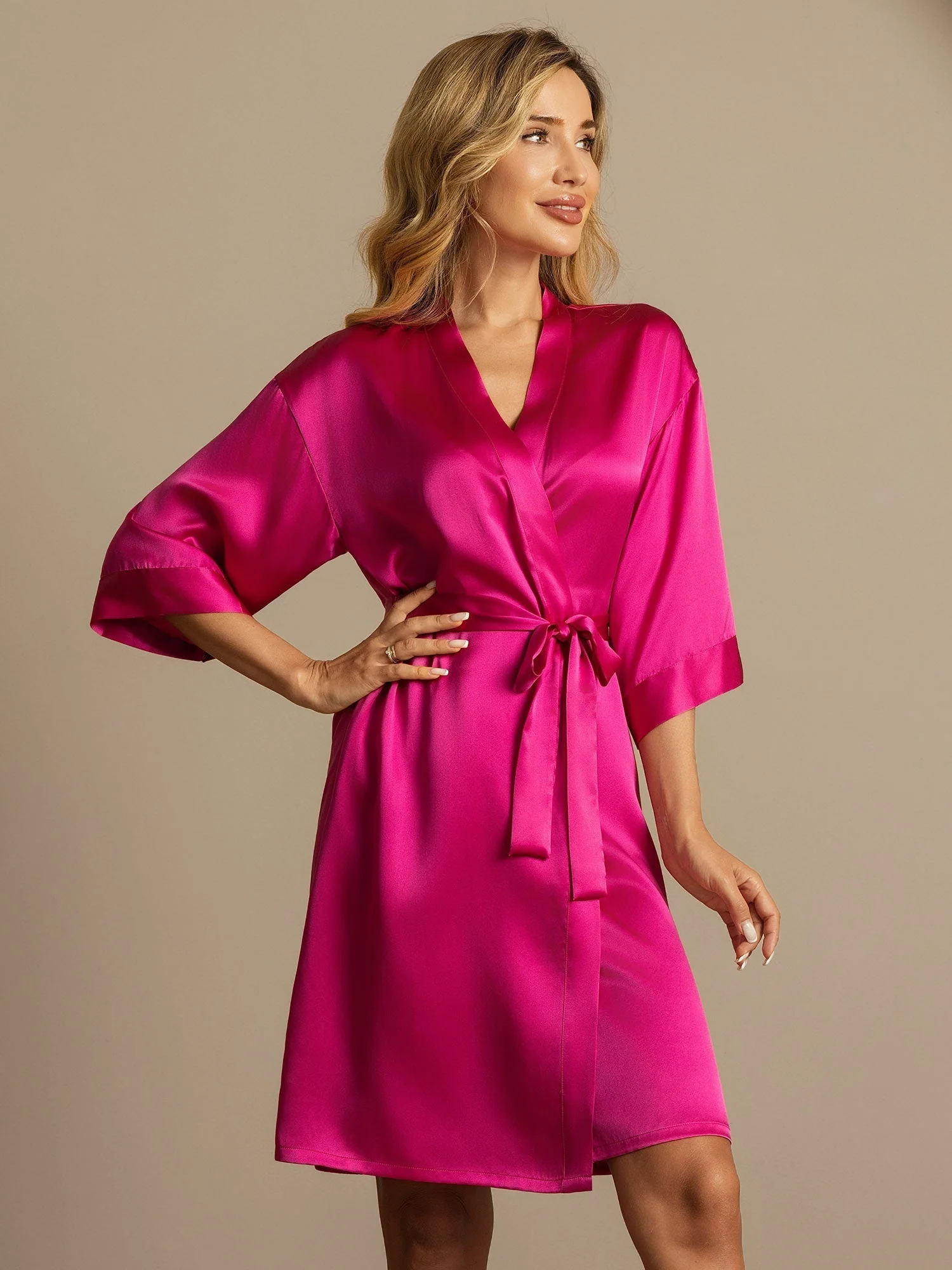 100% Maulbeerseide 3/4-Ärmel Damen Wickelkimono Bademantel - Image 53