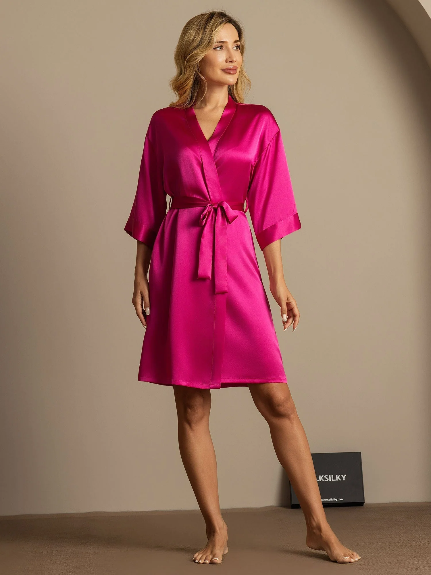 100% Maulbeerseide 3/4-Ärmel Damen Wickelkimono Bademantel - Image 56