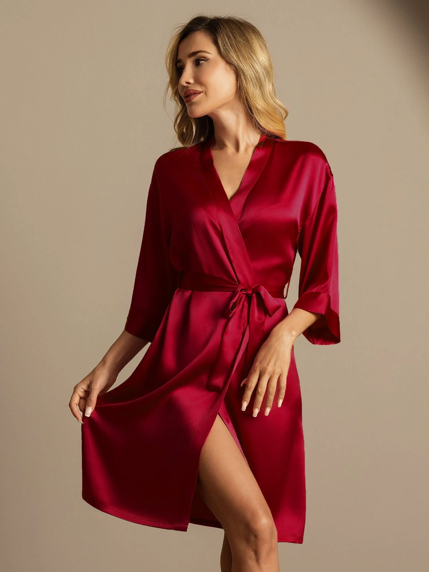 100% Maulbeerseide 3/4-Ärmel Damen Wickelkimono Bademantel - Image 8
