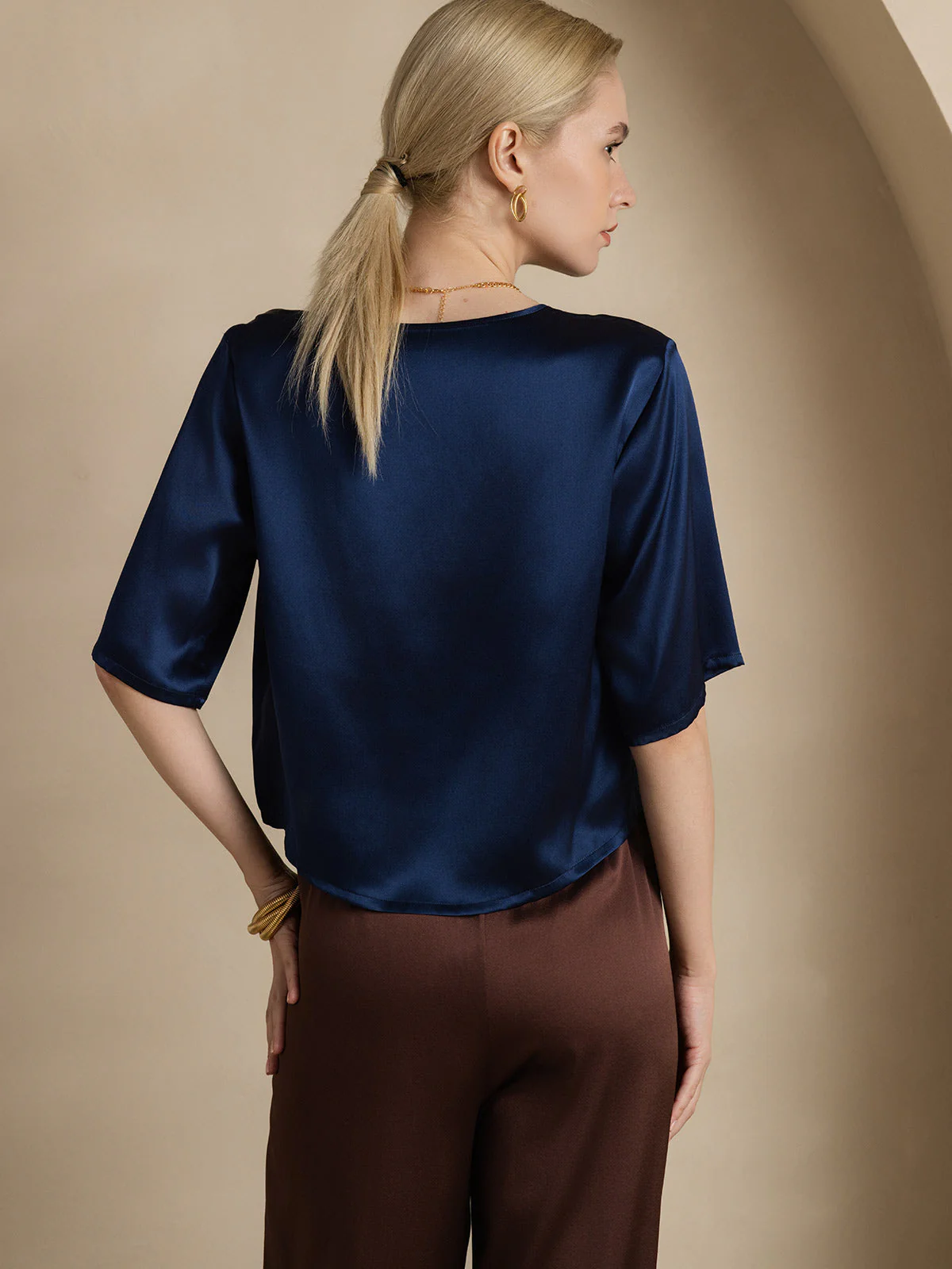 Reine Seide Einfarbig Halblange Ärmel T-Shirt - Image 23