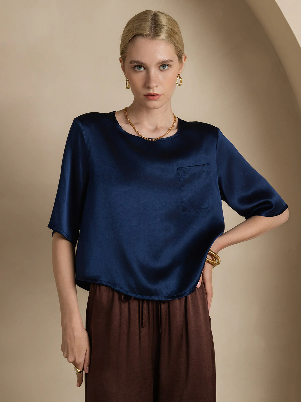 Reine Seide Einfarbig Halblange Ärmel T-Shirt - Image 24