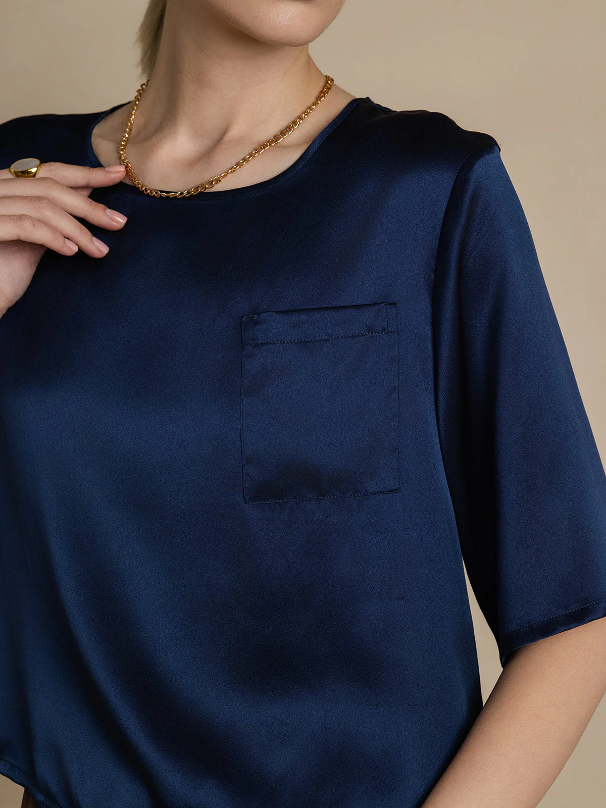 Reine Seide Einfarbig Halblange Ärmel T-Shirt - Image 27