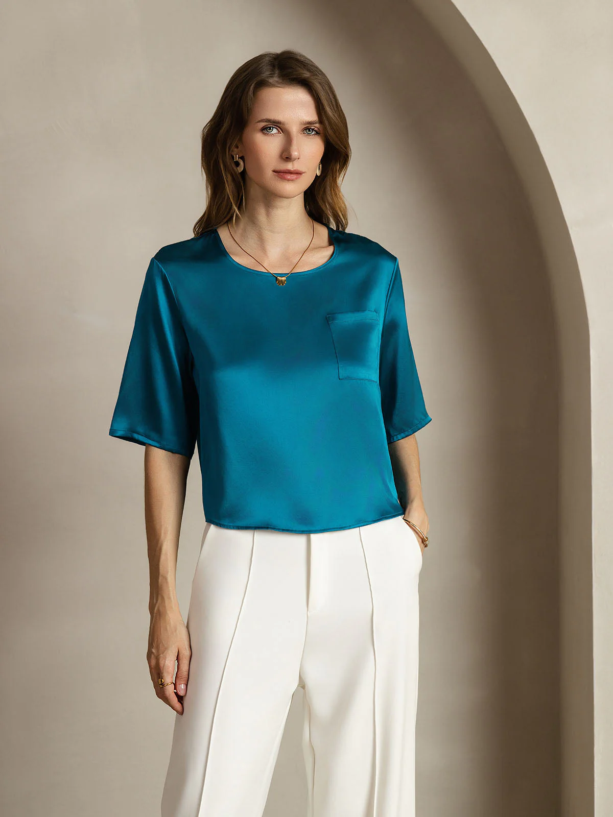 Reine Seide Einfarbig Halblange Ärmel T-Shirt - Image 29