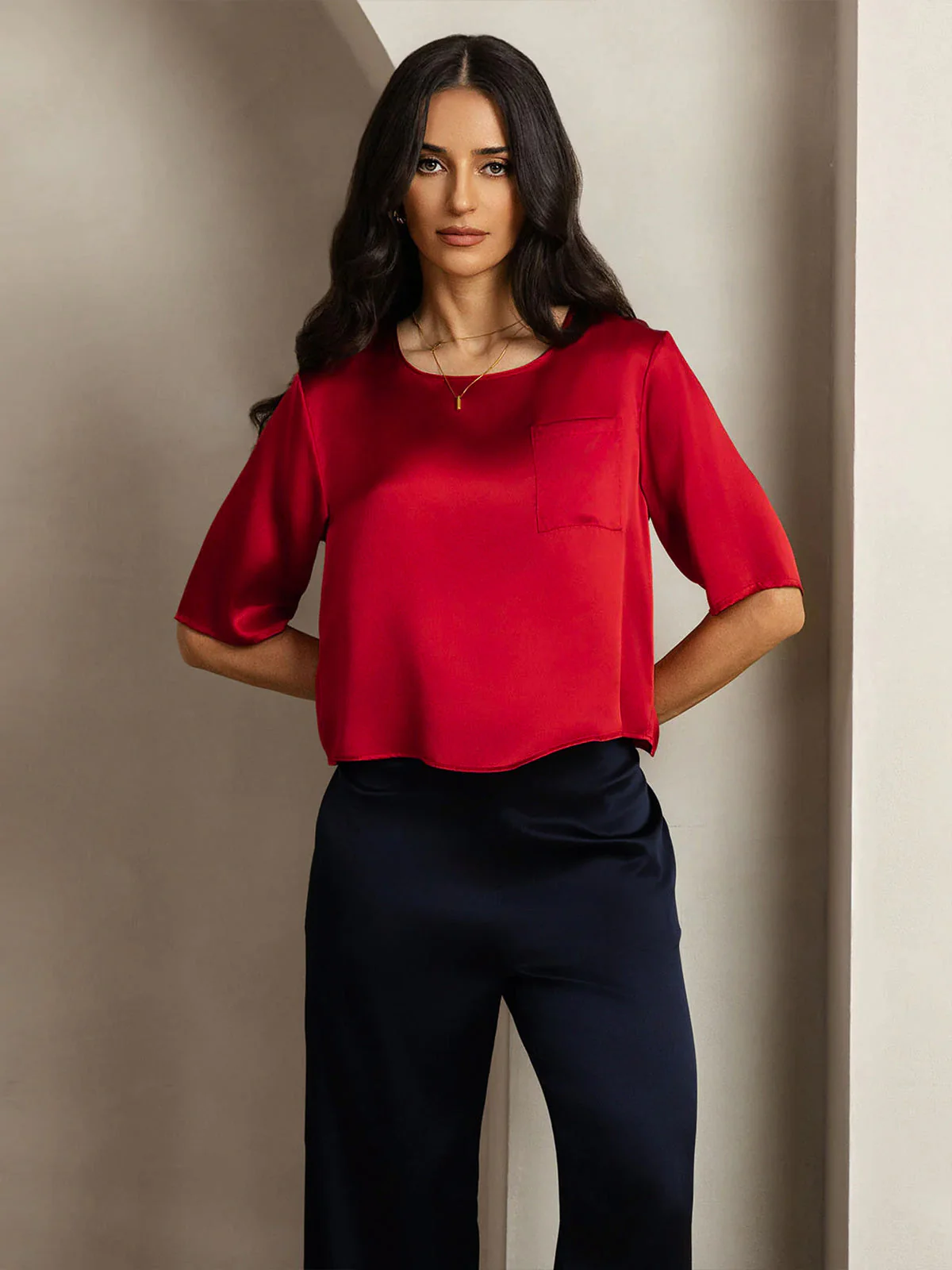 Reine Seide Einfarbig Halblange Ärmel T-Shirt - Image 34