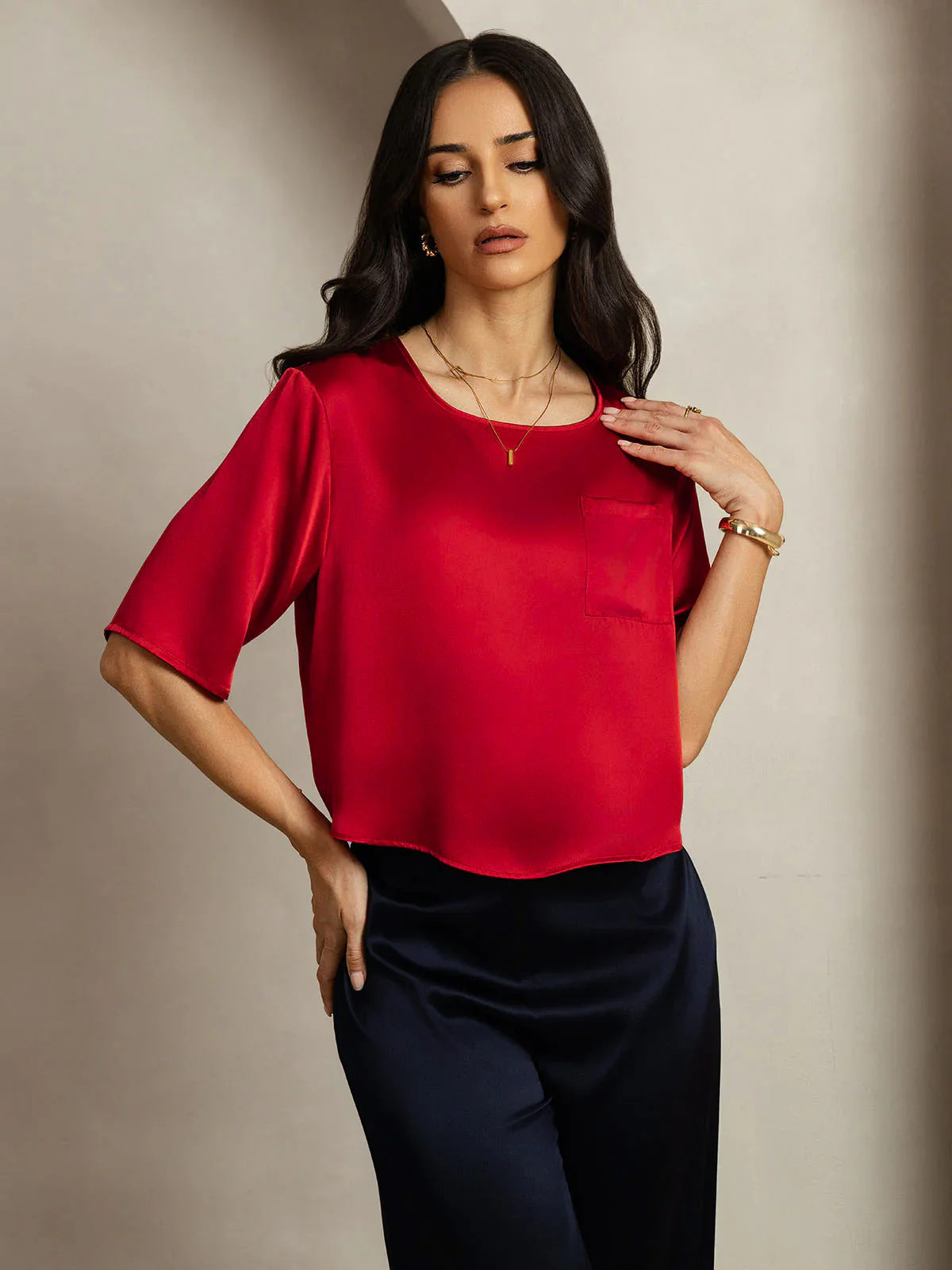 Reine Seide Einfarbig Halblange Ärmel T-Shirt - Image 38