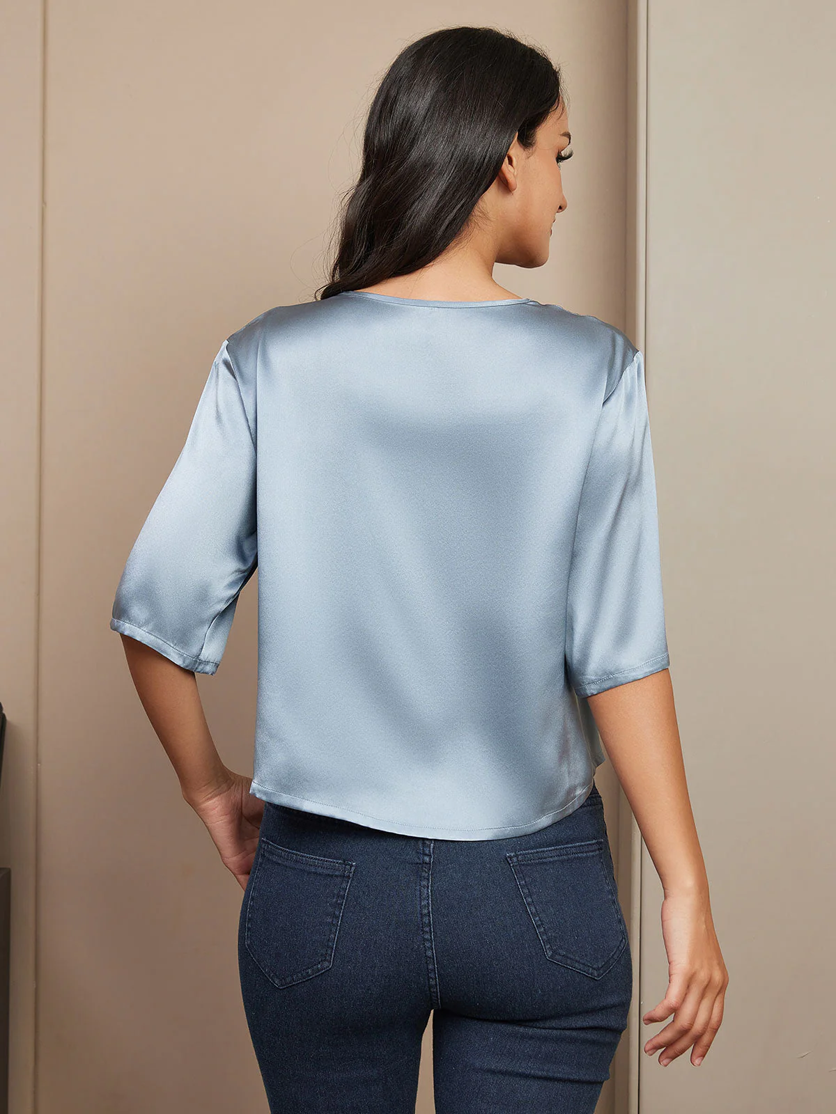Reine Seide Einfarbig Halblange Ärmel T-Shirt - Image 49