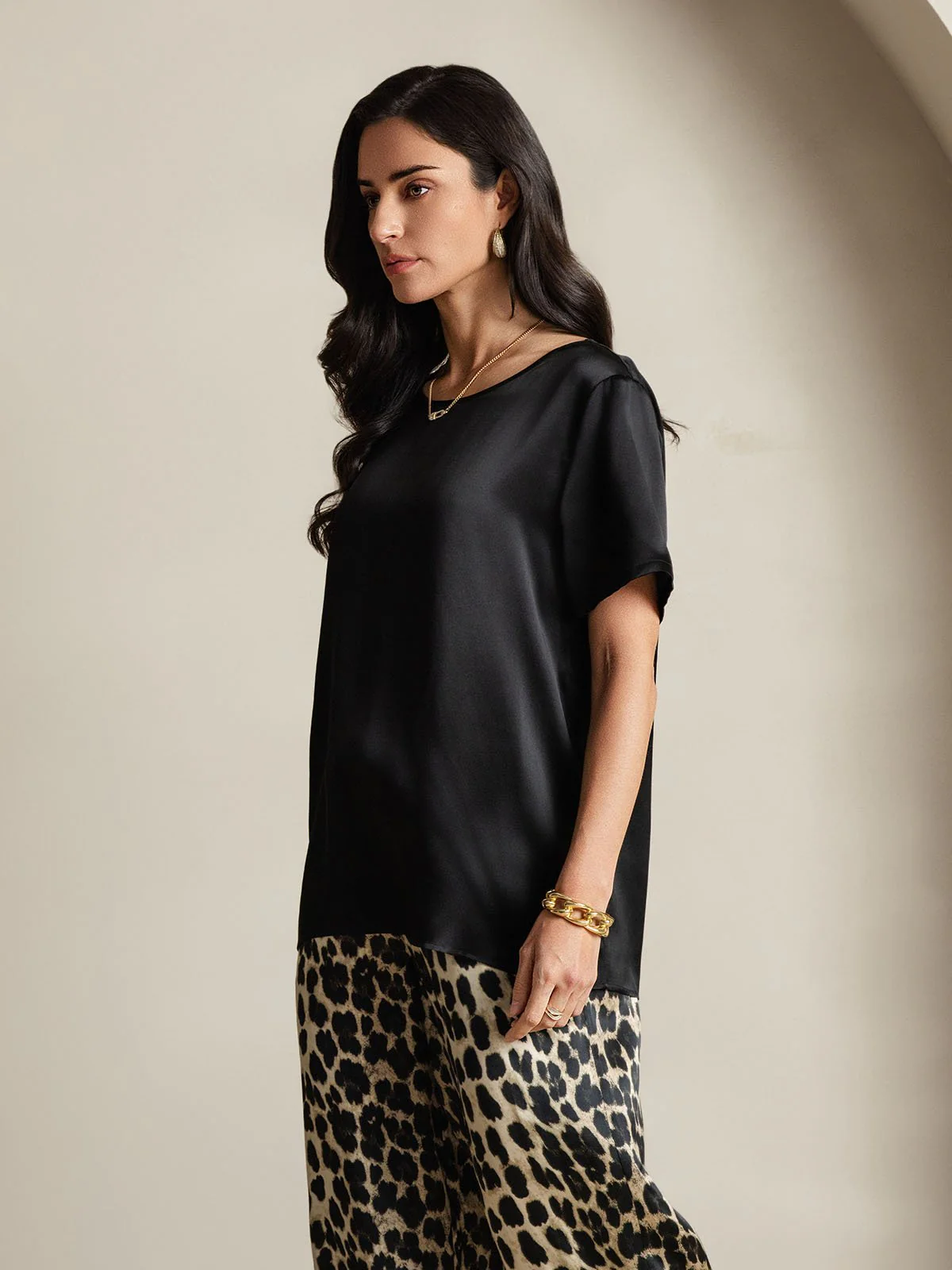 Damen Reine Seide Kurzarm Rundhals Uni Oberteil Und Leopardenmuster Hose Pyjama Set - Image 4