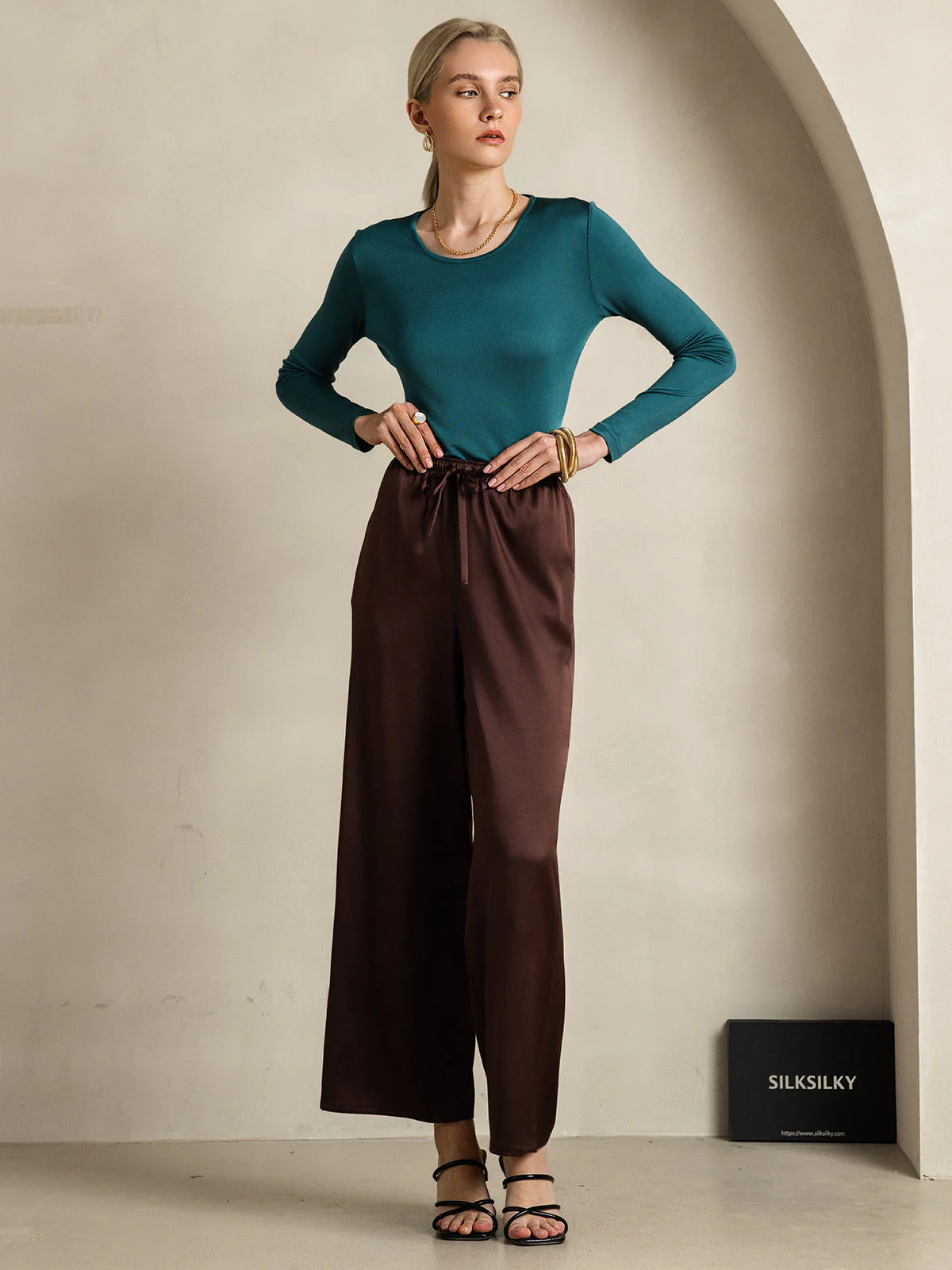 100% Maulbeerseide Weites Bein Damen Hose - Image 58