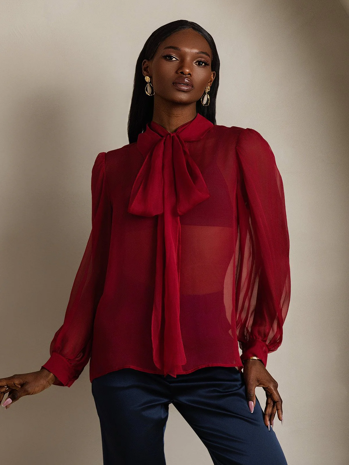 Clearance - Damen Schluppenbluse aus Reinem Seidenchiffon mit Laternenärmeln - Image 4