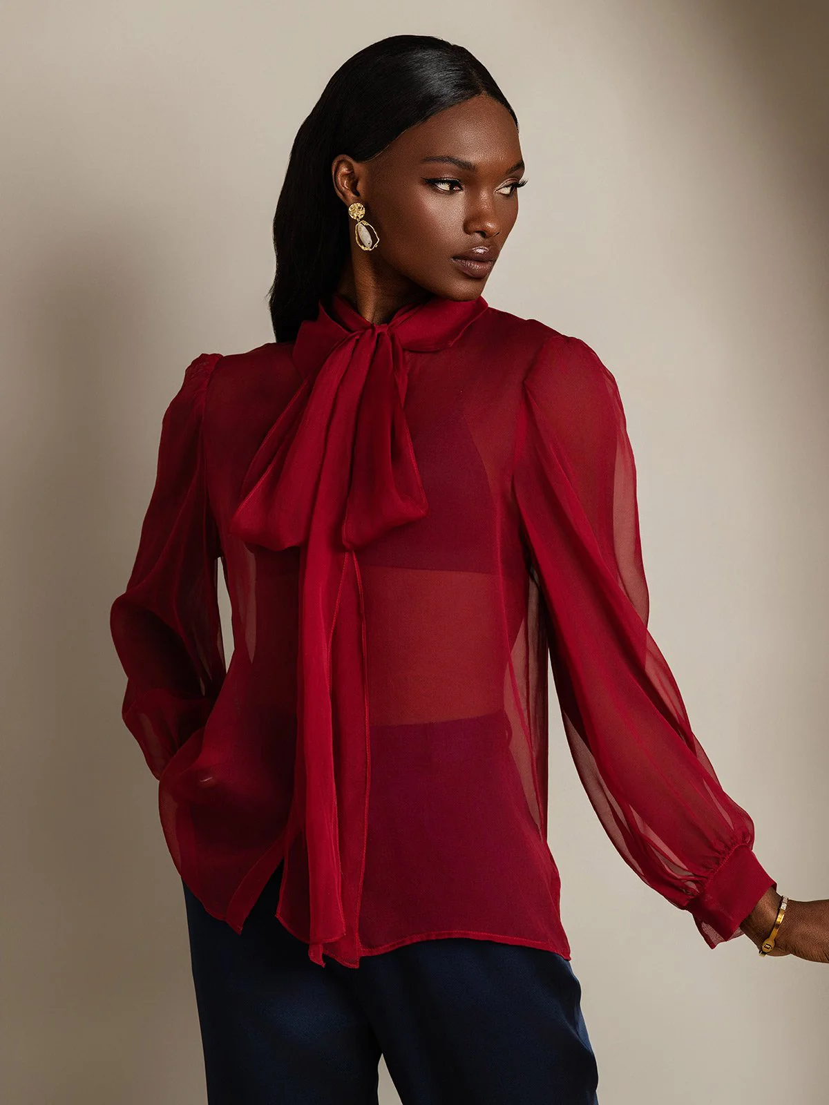 Clearance - Damen Schluppenbluse aus Reinem Seidenchiffon mit Laternenärmeln - Image 5