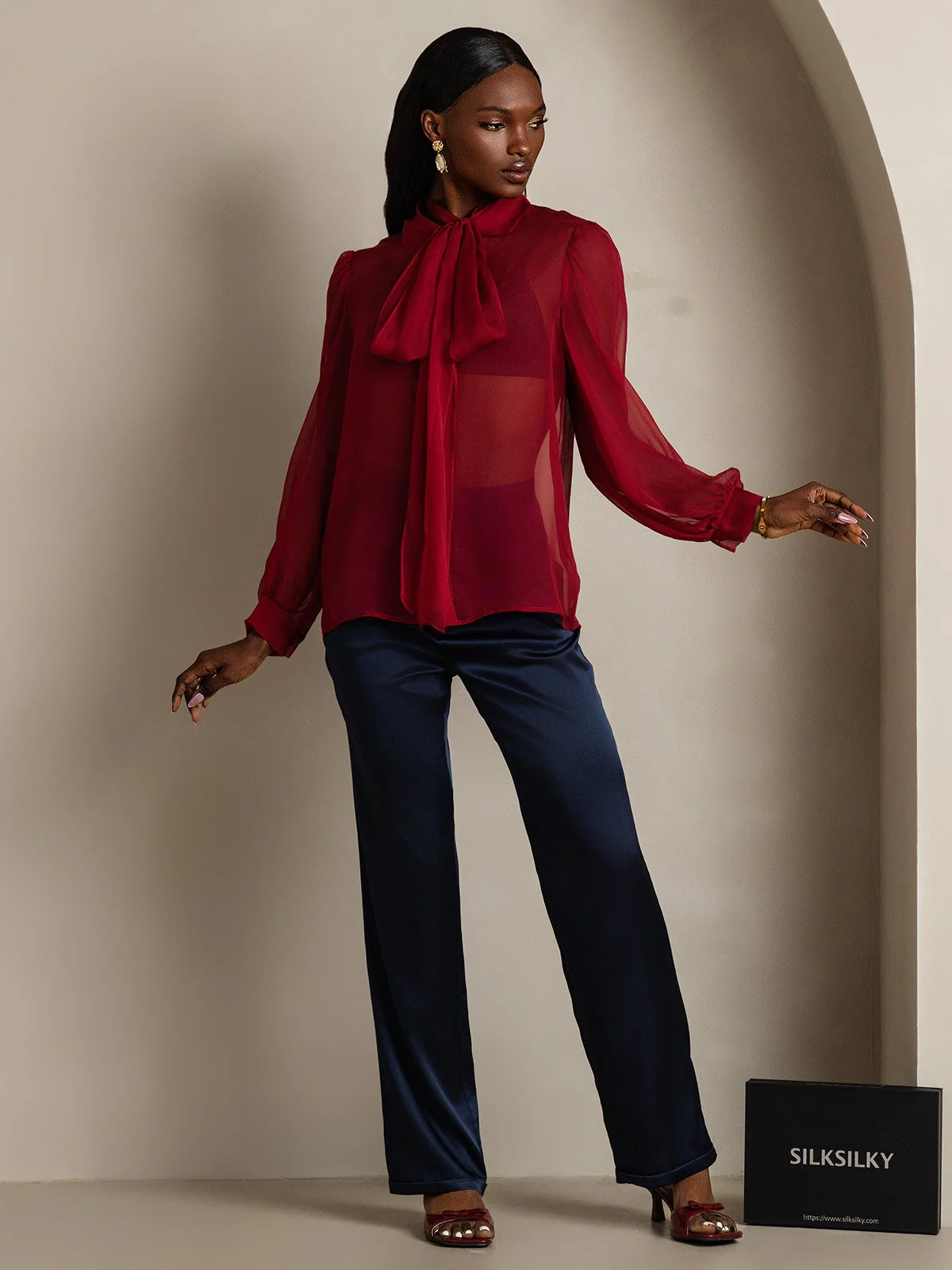 Clearance - Damen Schluppenbluse aus Reinem Seidenchiffon mit Laternenärmeln - Image 7